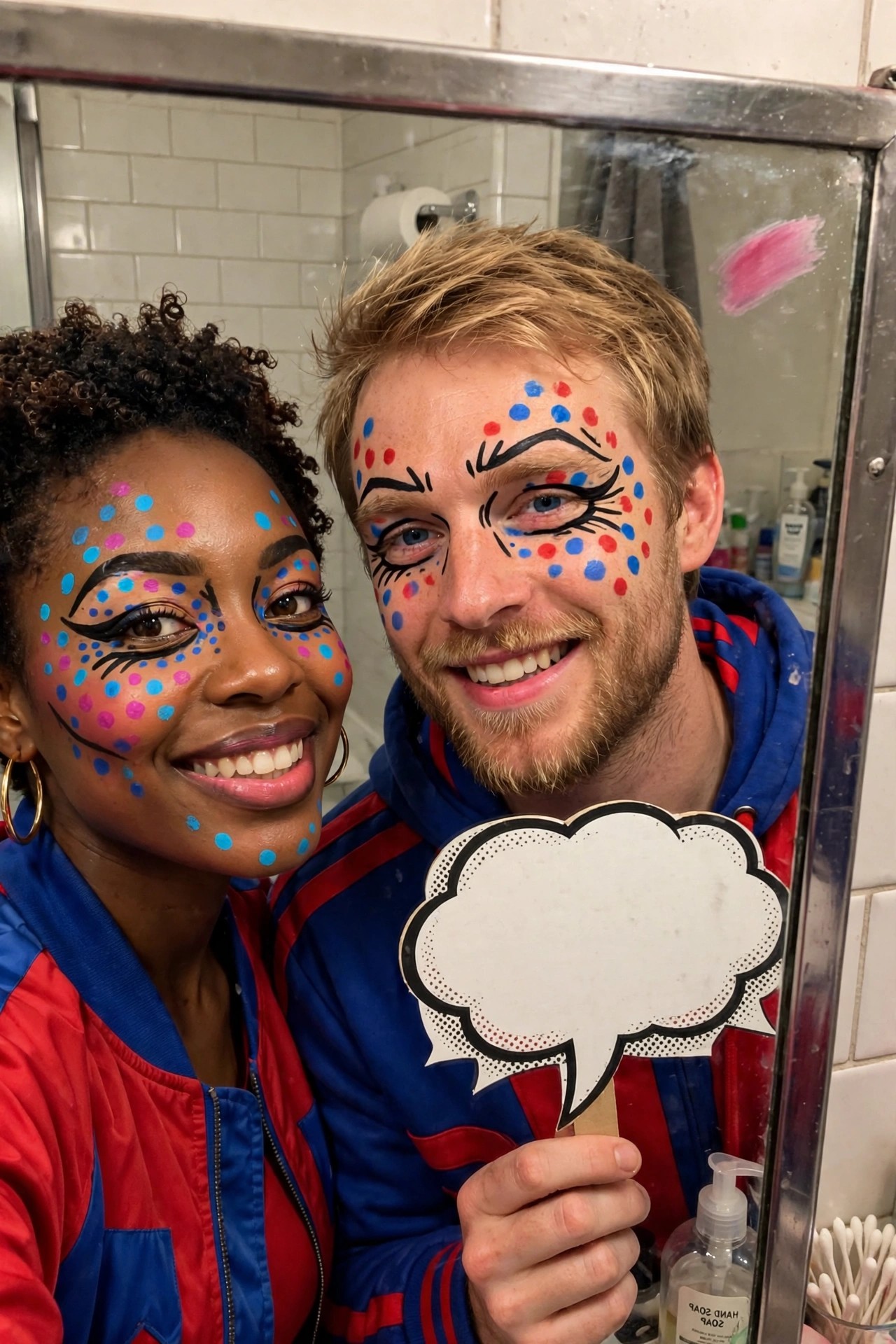 Couple wearing matching red and blue jackets with red and blue polka dot face paint in a bold pop art comic book style and holding a speech bubble prop.
