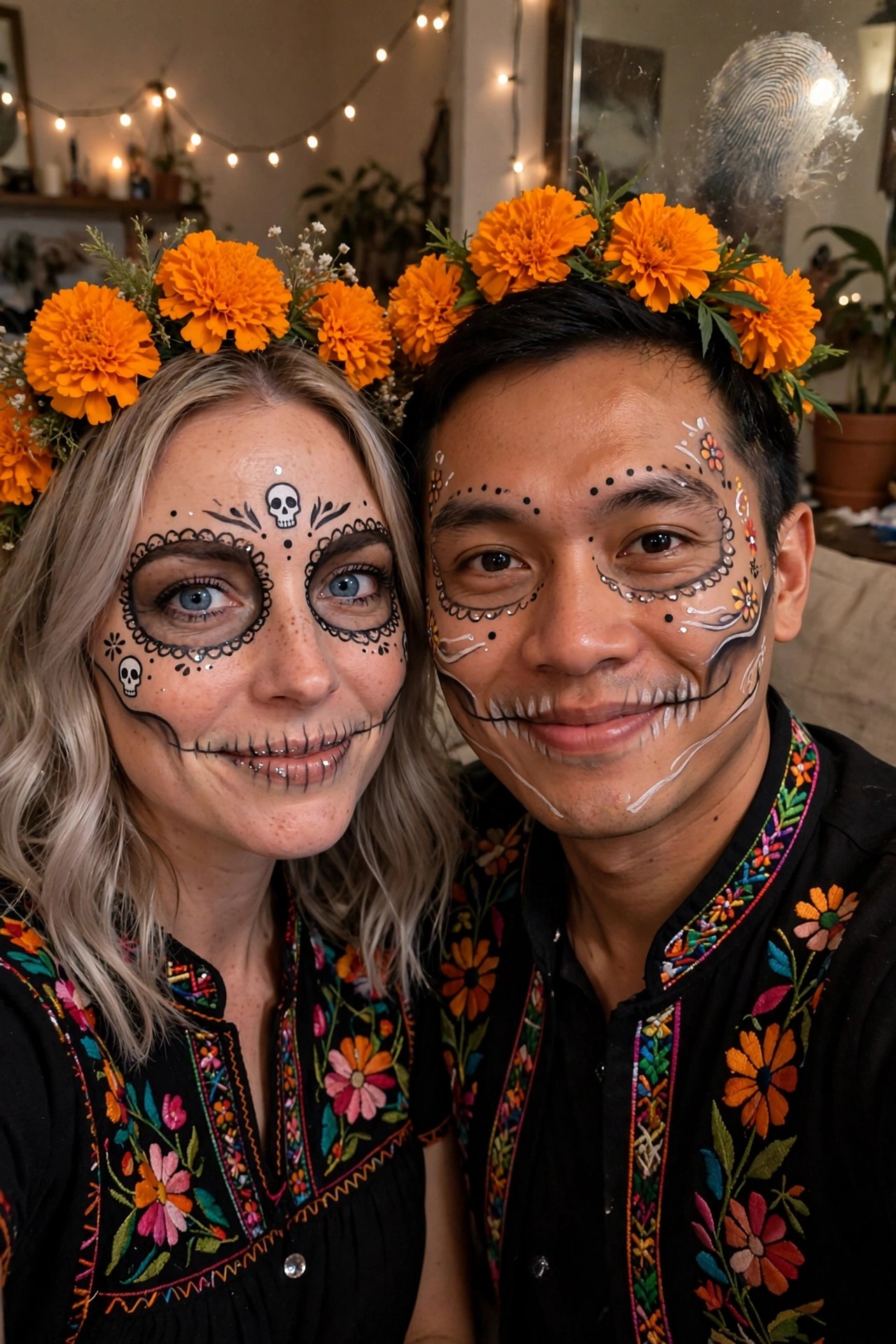 A couple wearing matching black embroidered shirts and marigold flower crowns with detailed skeleton face paint in sugar skull style.