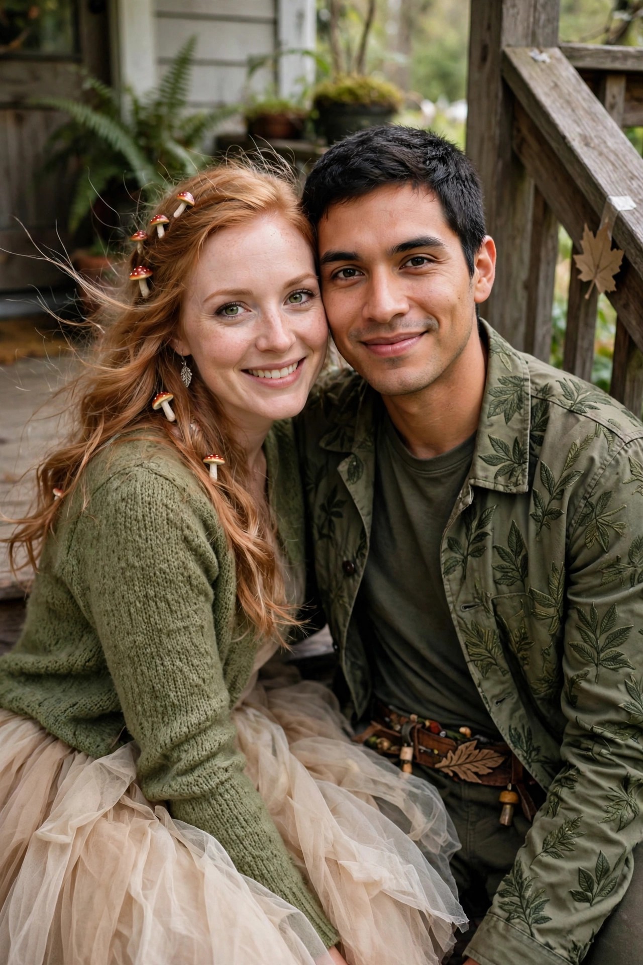 A couple in matching forest costumes with mushroom hair accessories on the woman and a leaf patterned jacket on the man.