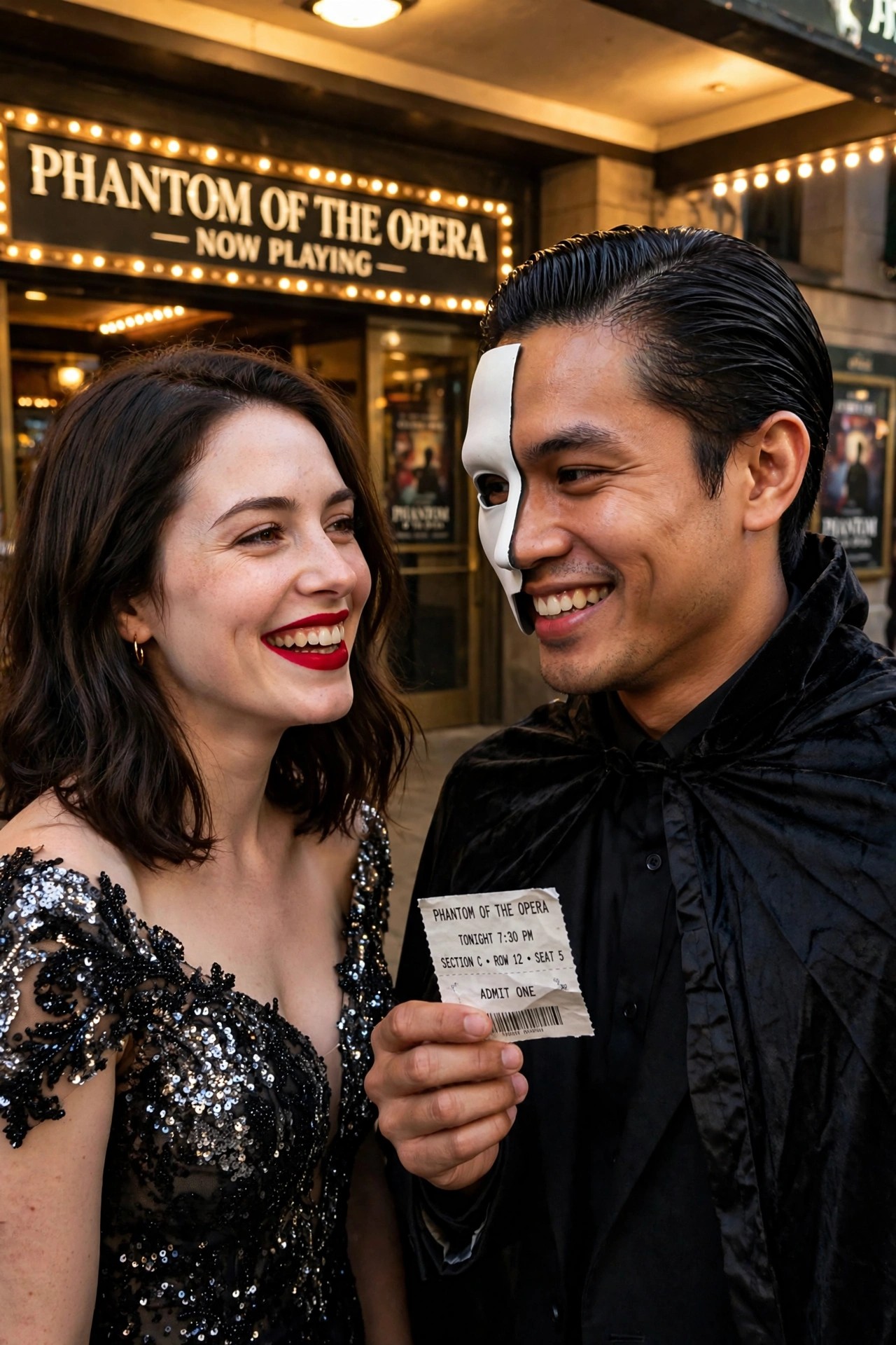 Couple dressed as the Phantom of the Opera and Christine holding a show ticket in front of the theater marquee.