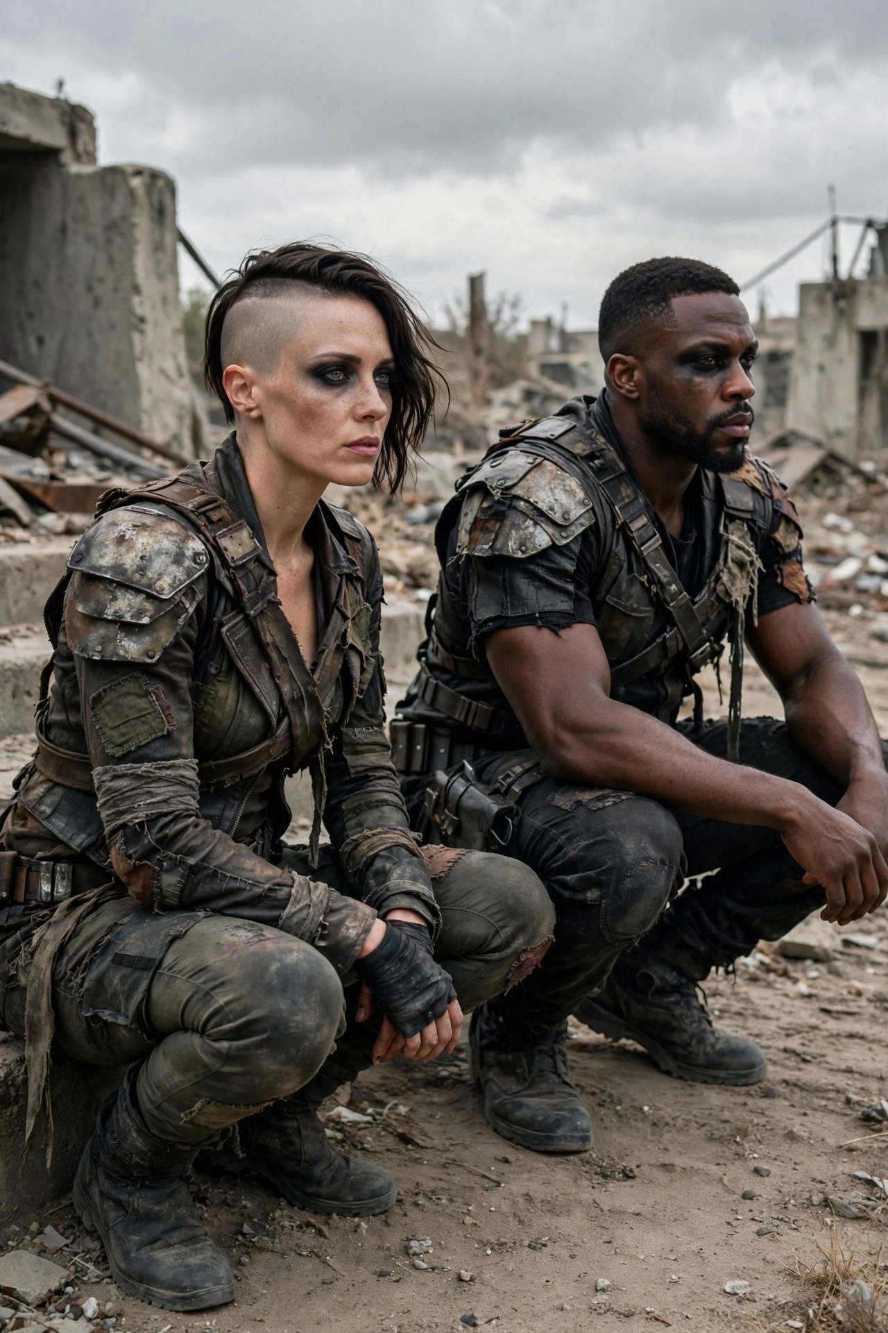 Man and woman in ragged tactical armor crouch in ruined wasteland under gray sky.