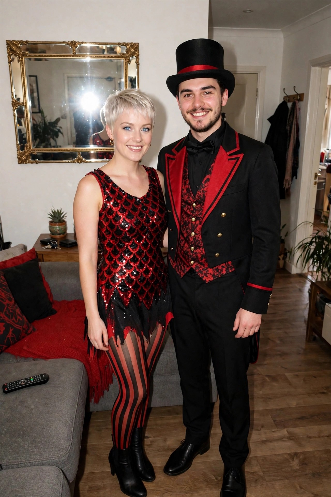 Couple wearing coordinated red and black circus costumes, with the man in a ringmaster suit and top hat and the woman in a sequined dress with striped tights.