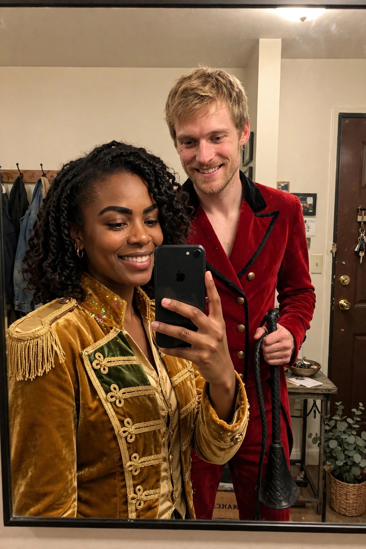A couple taking a mirror selfie in matching velvet ringmaster costumes, one in gold and green with gold epaulets and fringe, the other in red with black trim holding a black whip.
