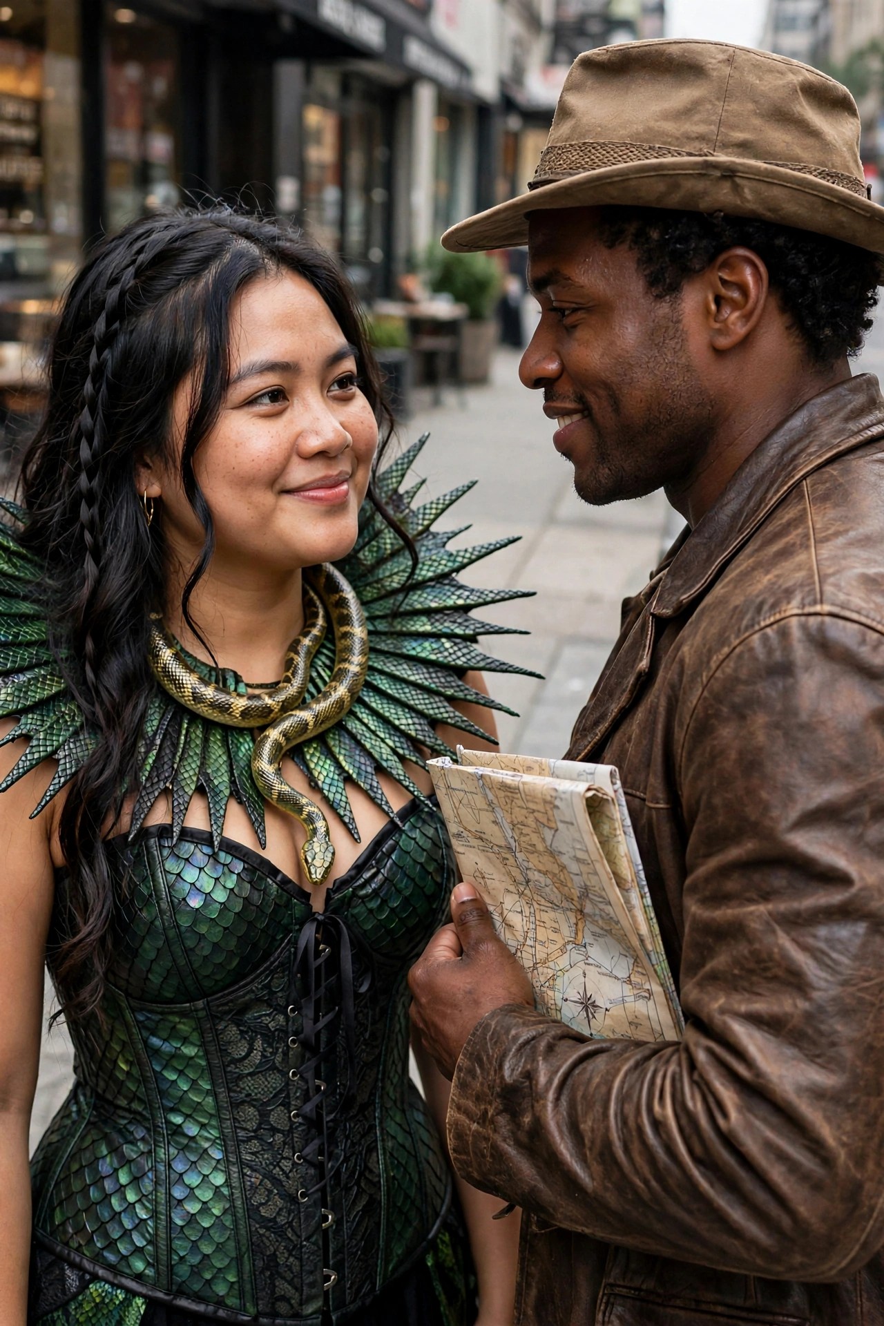 Woman in green scale corset and shoulder armor with snake necklace stands beside man in brown hat and leather jacket holding a map.