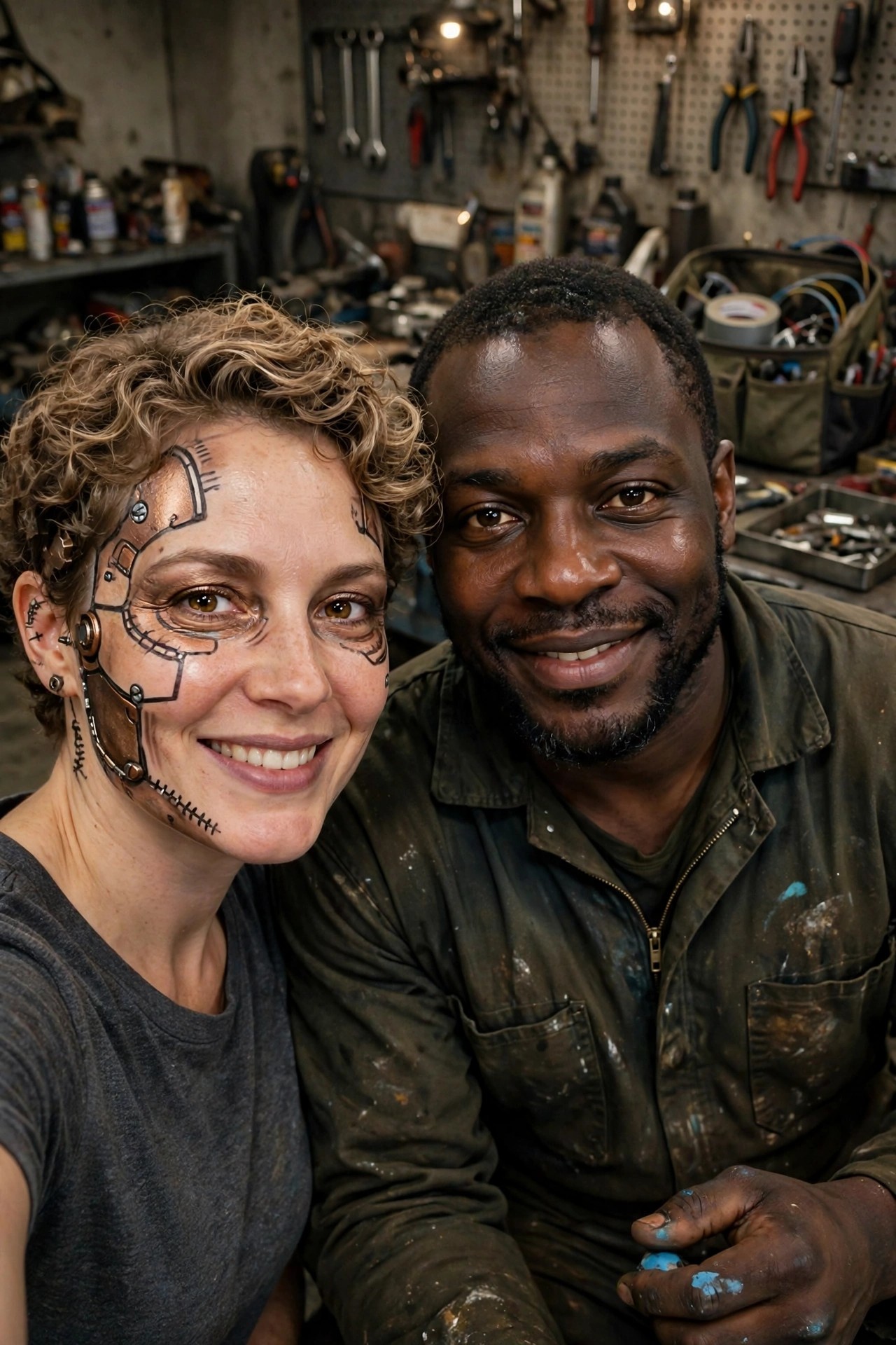Woman with half-face steampunk cyborg makeup featuring metallic paint, black gear lines, bolts, and stitches next to man in grease-stained work coveralls.