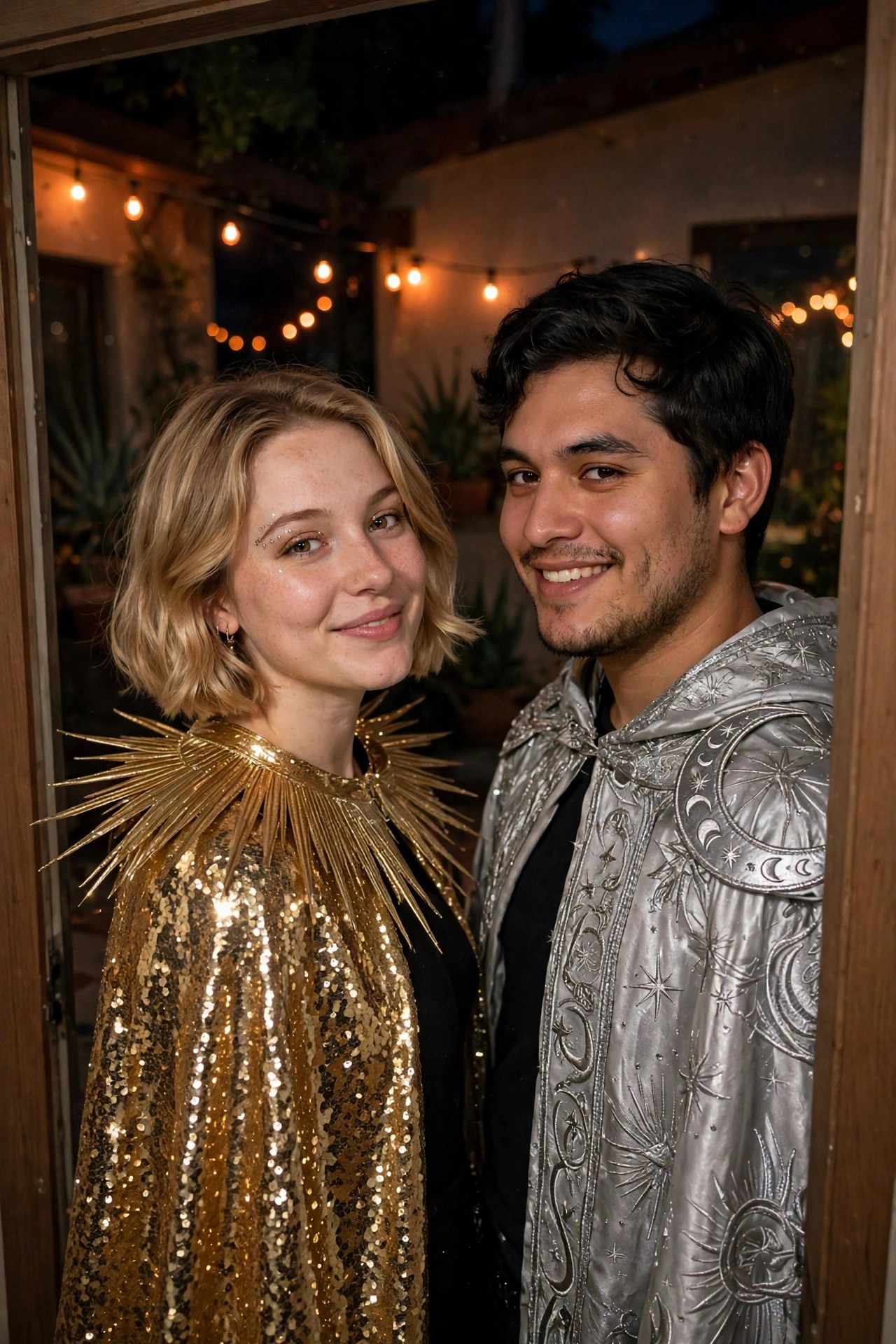 Woman in gold sequin cape with large spiky gold collar and man in silver hooded cape with moon and star embroidery standing together as matching sun and moon costumes.