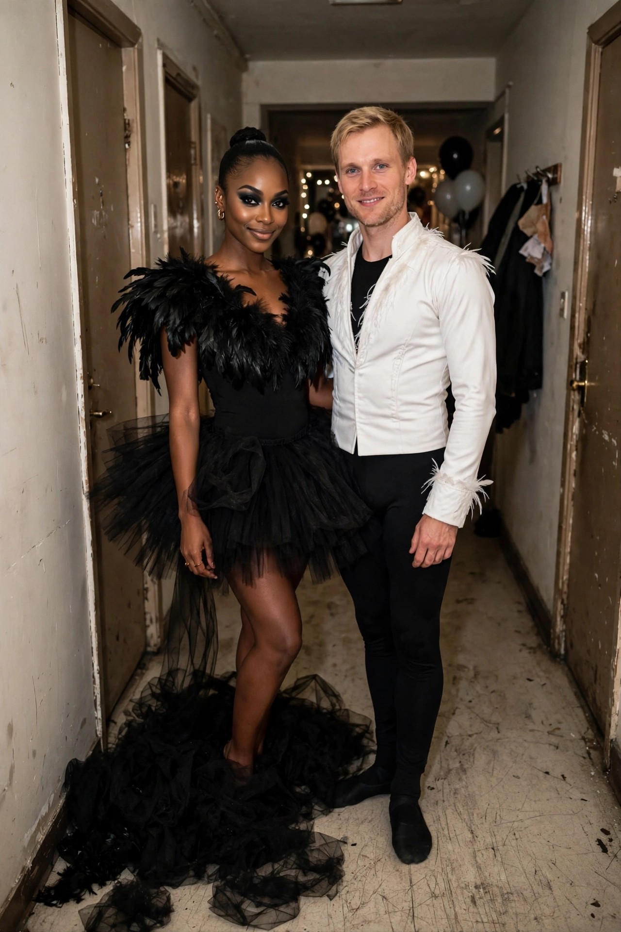 Woman in black feathered tutu and high bun beside man in white feathered jacket and black tights as a Swan Lake couple costume.