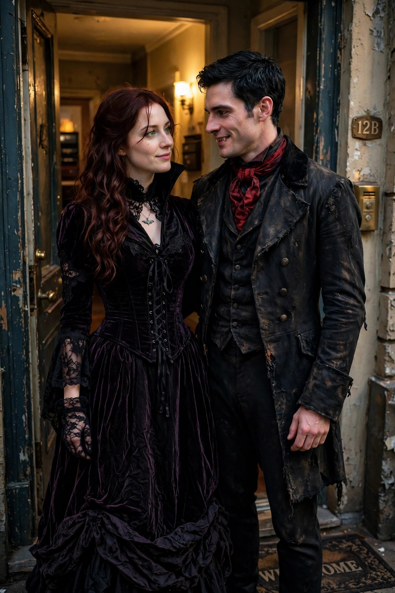 Couple wearing matching Victorian gothic vampire costumes, woman in purple velvet corset gown with lace sleeves and bat necklace, man in tattered black coat with red scarf and visible fangs.
