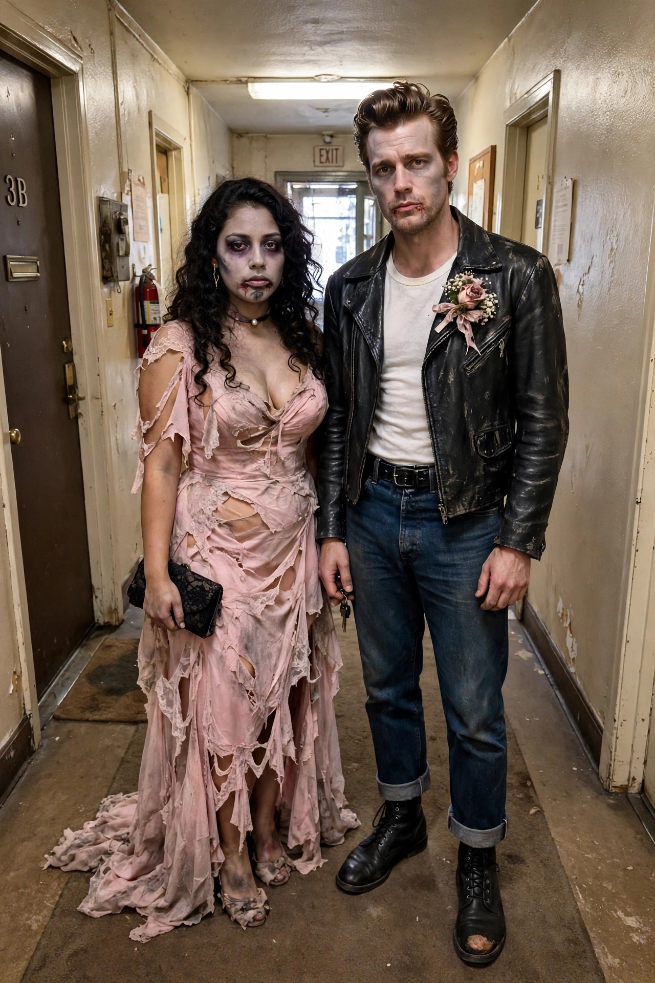 Woman in shredded pink gown and man in leather jacket with boutonniere, both with zombie makeup, standing in a hallway as a couples costume.