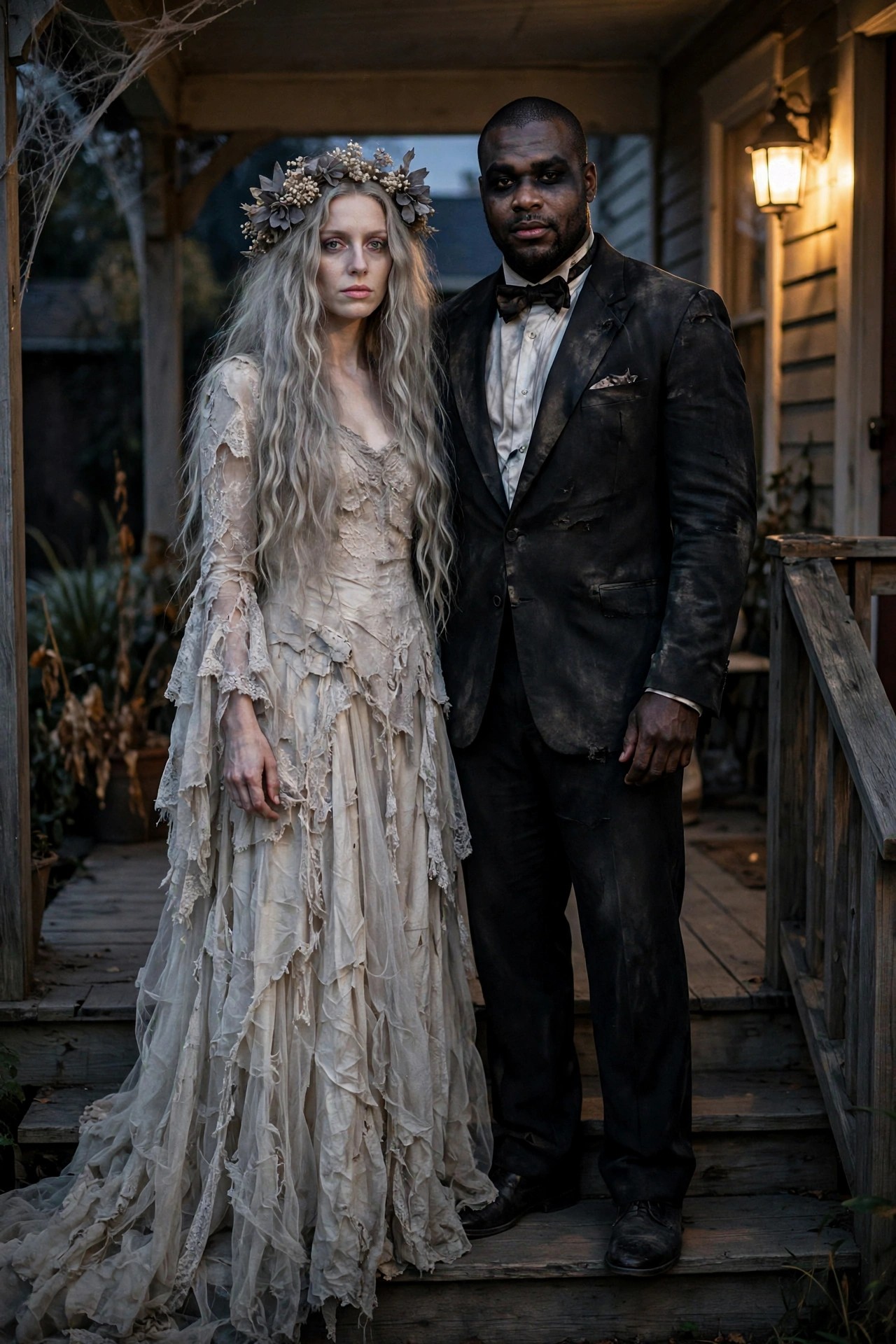 A couple dressed as a zombie bride and groom, with the woman in a tattered lace wedding dress and floral crown and the man in a dirty black suit with bow tie.
