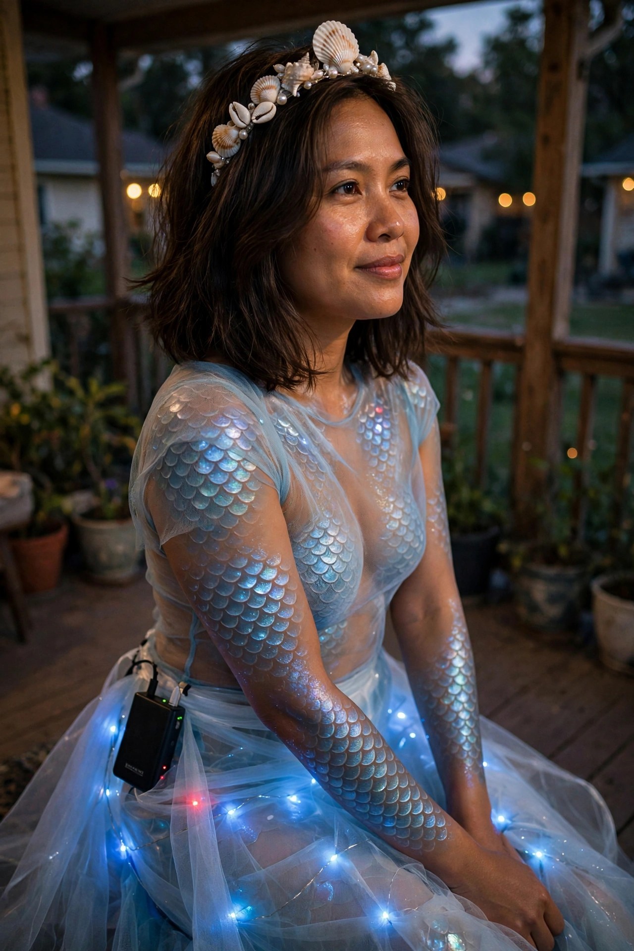 Woman wearing a light-up mermaid costume with iridescent scale top, sheer tulle skirt, shell crown, and glowing string lights.