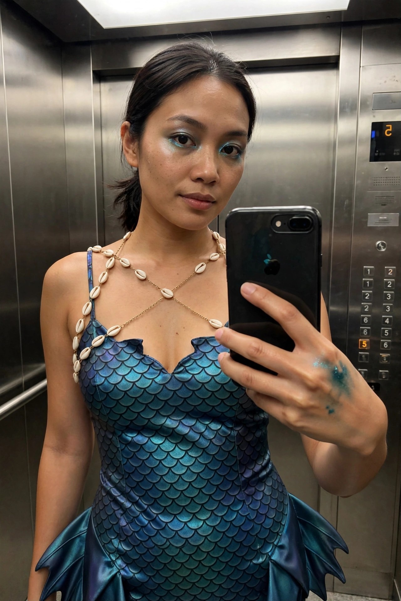Woman wearing a blue green scaled mermaid dress with a shell necklace and matching eye makeup while taking a mirror selfie in an elevator.