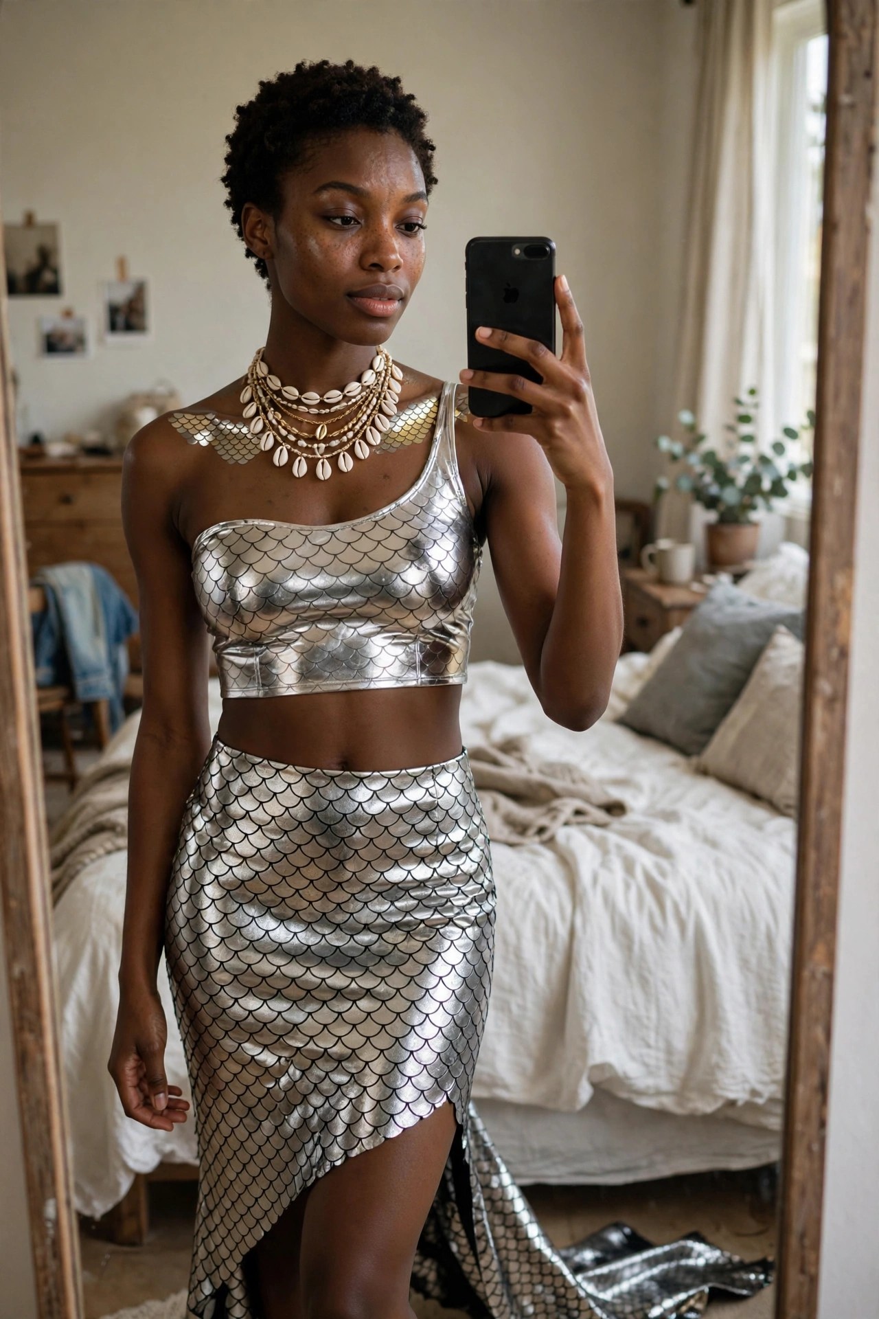 Woman wearing a two-piece silver metallic scale crop top and matching skirt with shell necklaces taking a mirror selfie.
