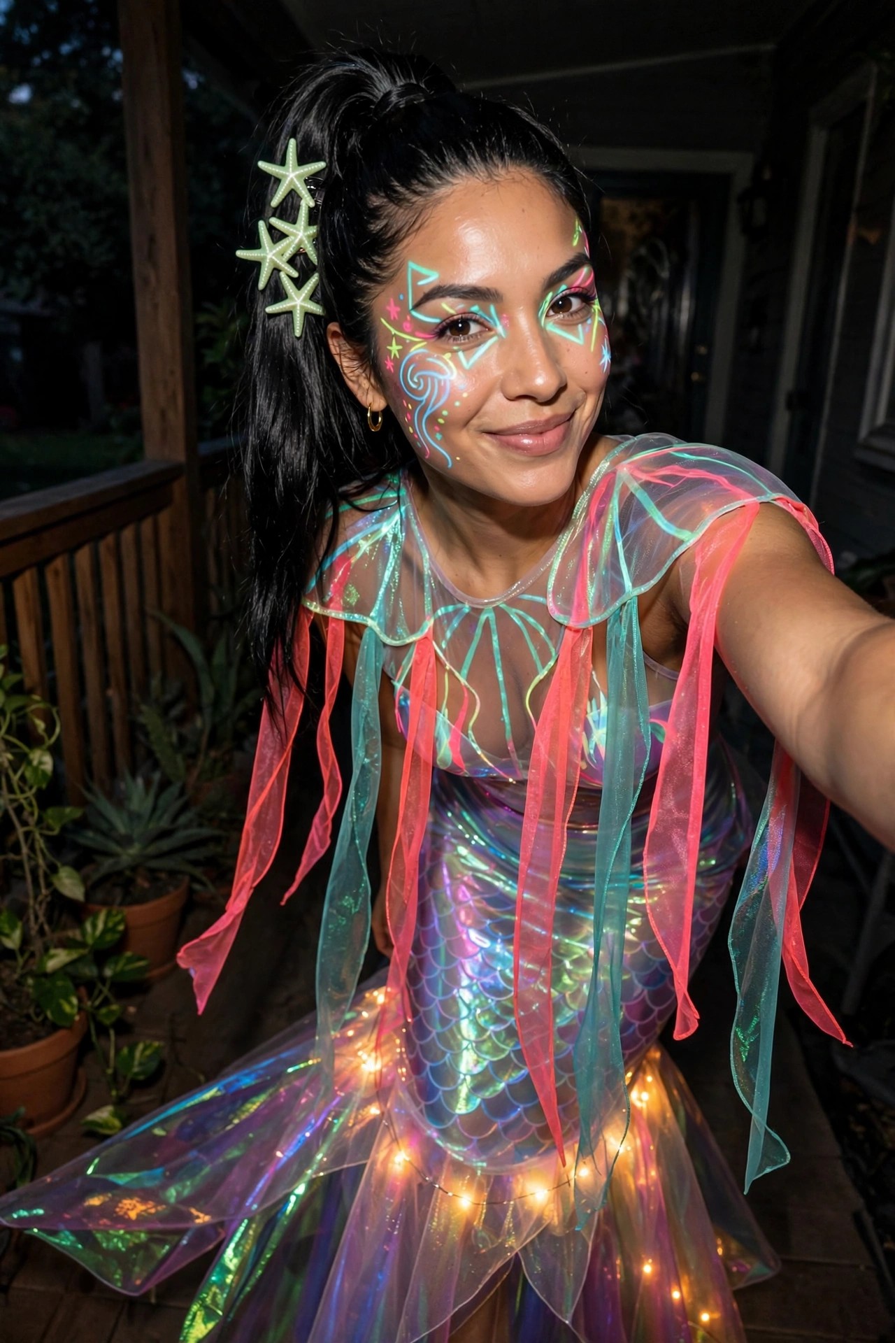 Woman wearing an iridescent scale-print mermaid costume with sheer colorful overlays, pink and teal ribbons, glowing string lights along the hem, starfish hair clips, and neon face paint.