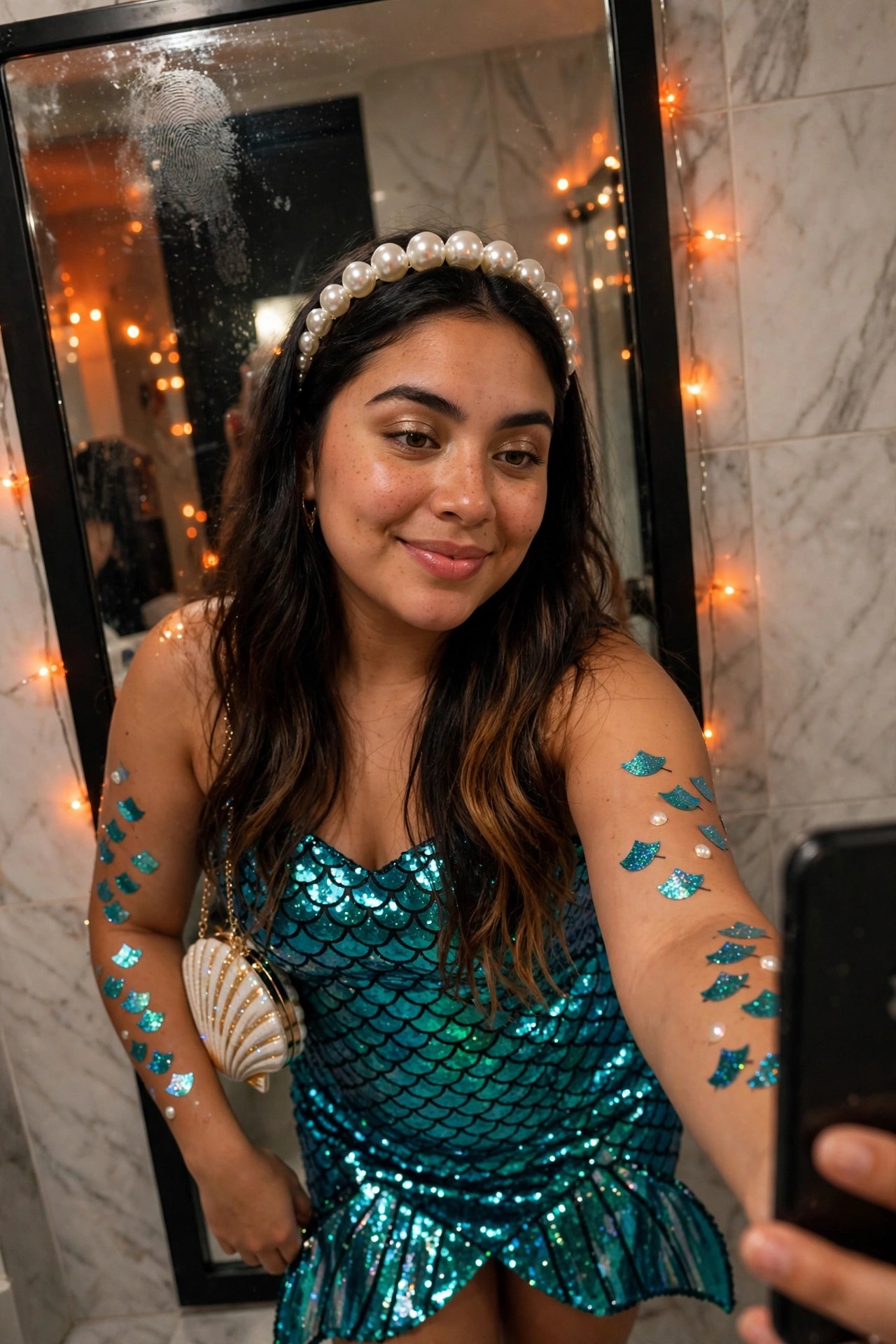 Woman wearing a teal sequined mermaid dress with scale stickers on her arms, a pearl headband, and holding a shell purse while taking a mirror selfie.