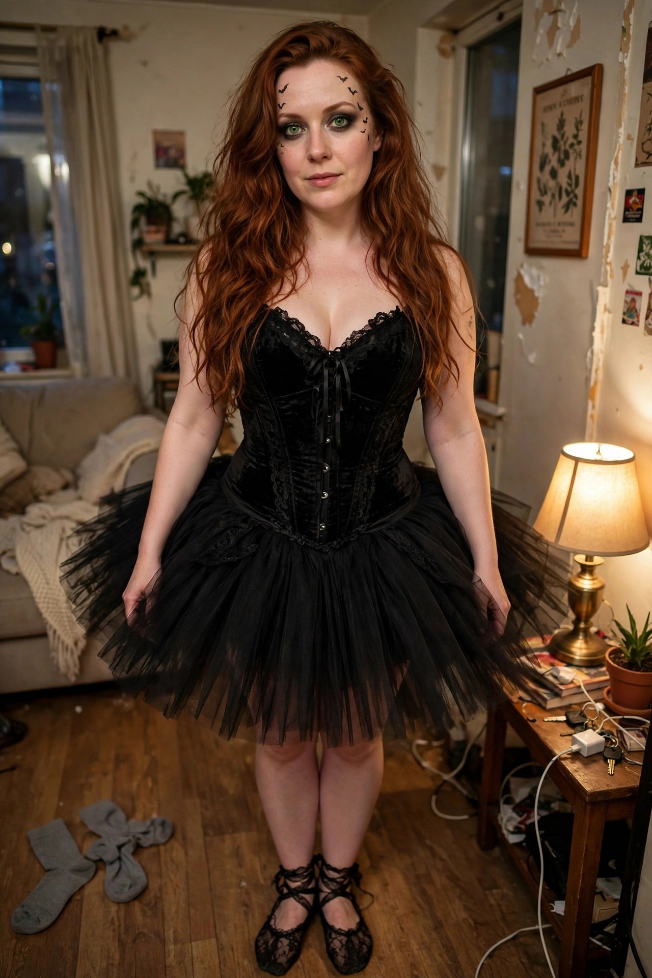 Woman wearing a black velvet corset and black tutu skirt with bat face details as a vampire costume.