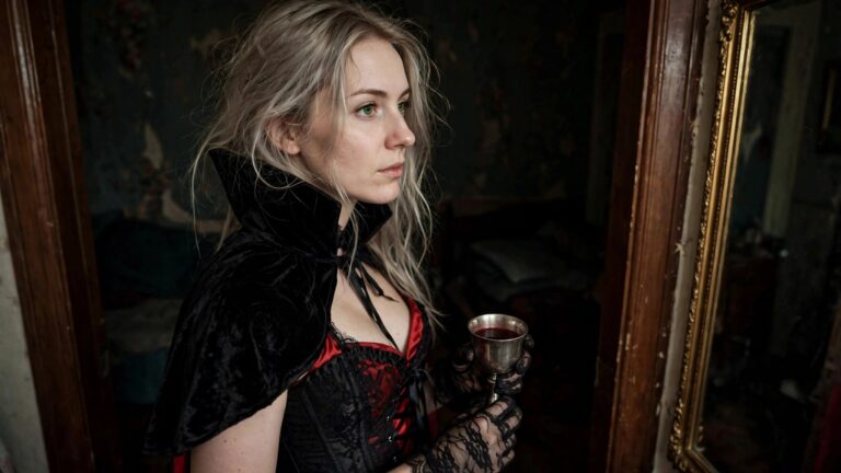 Woman wearing a Victorian style vampire costume with black velvet capelet, red and black corset, lace gloves, and holding a brass goblet of red liquid.
