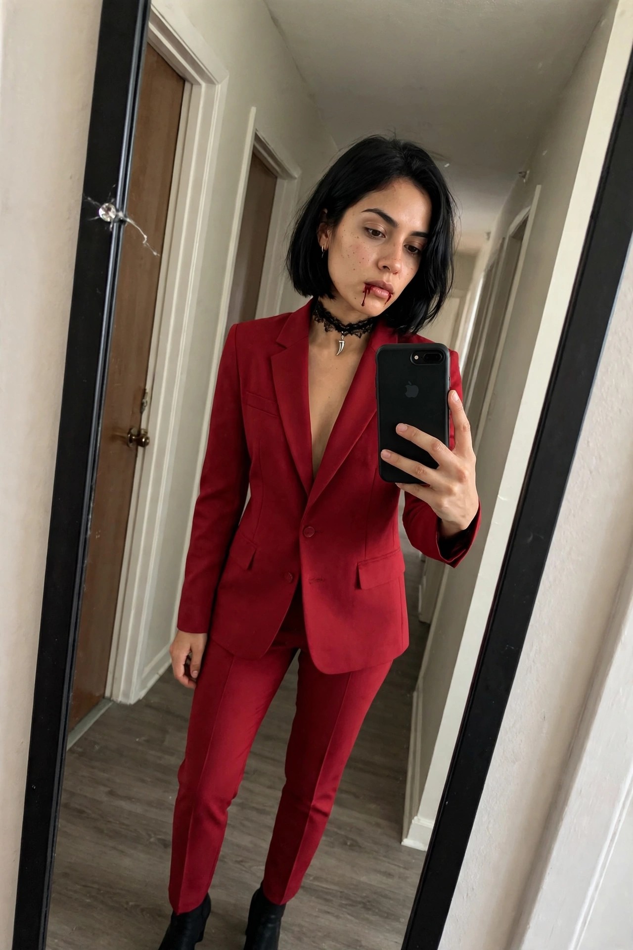 Woman wearing a red pantsuit with a deep neckline, black lace choker with tooth pendant, and fake blood at the corner of her mouth for a vampire costume.
