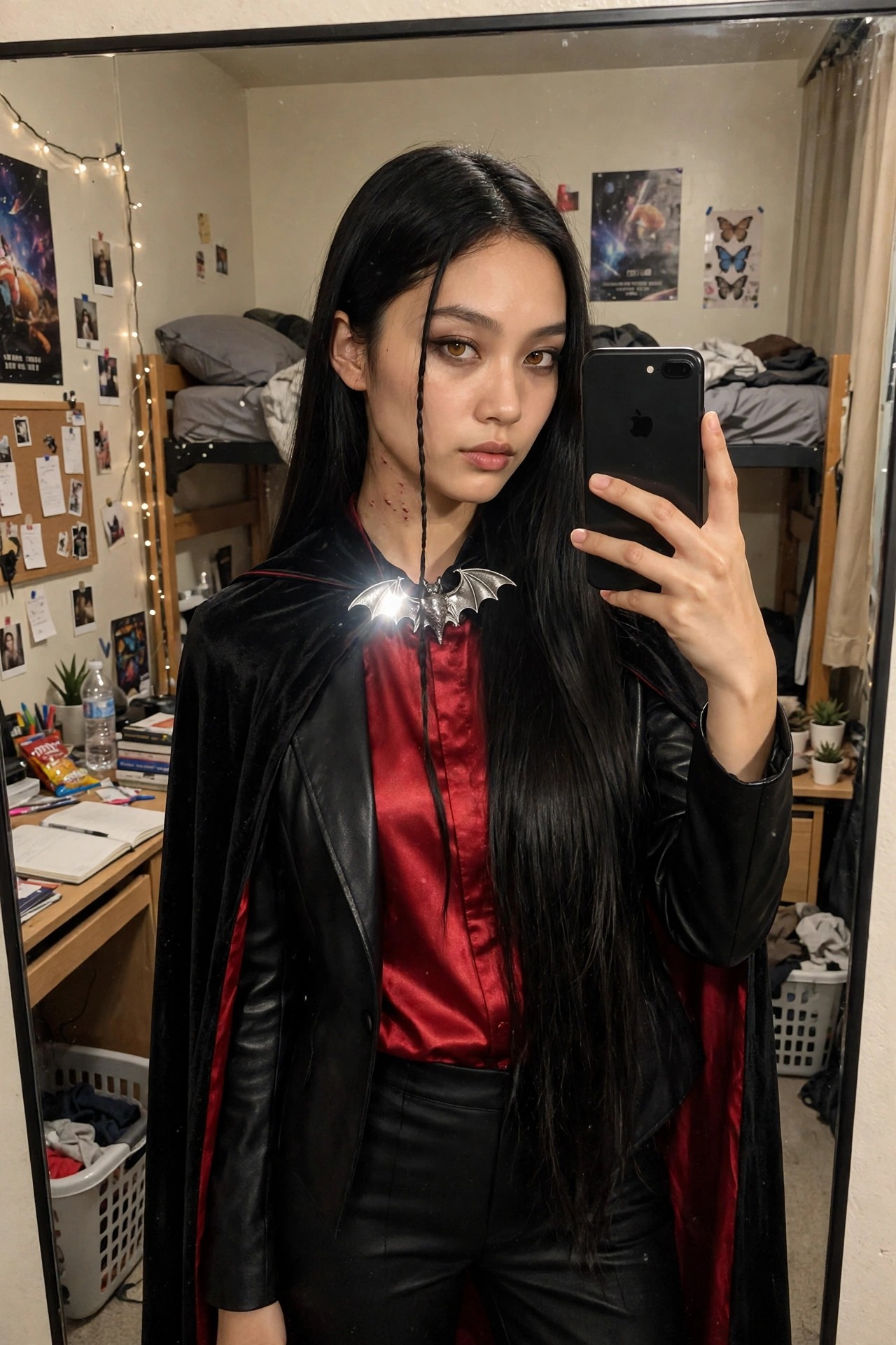 Woman wearing black cape with red lining over leather jacket and red satin shirt, bat necklace, long black hair with braid, fake blood on neck.