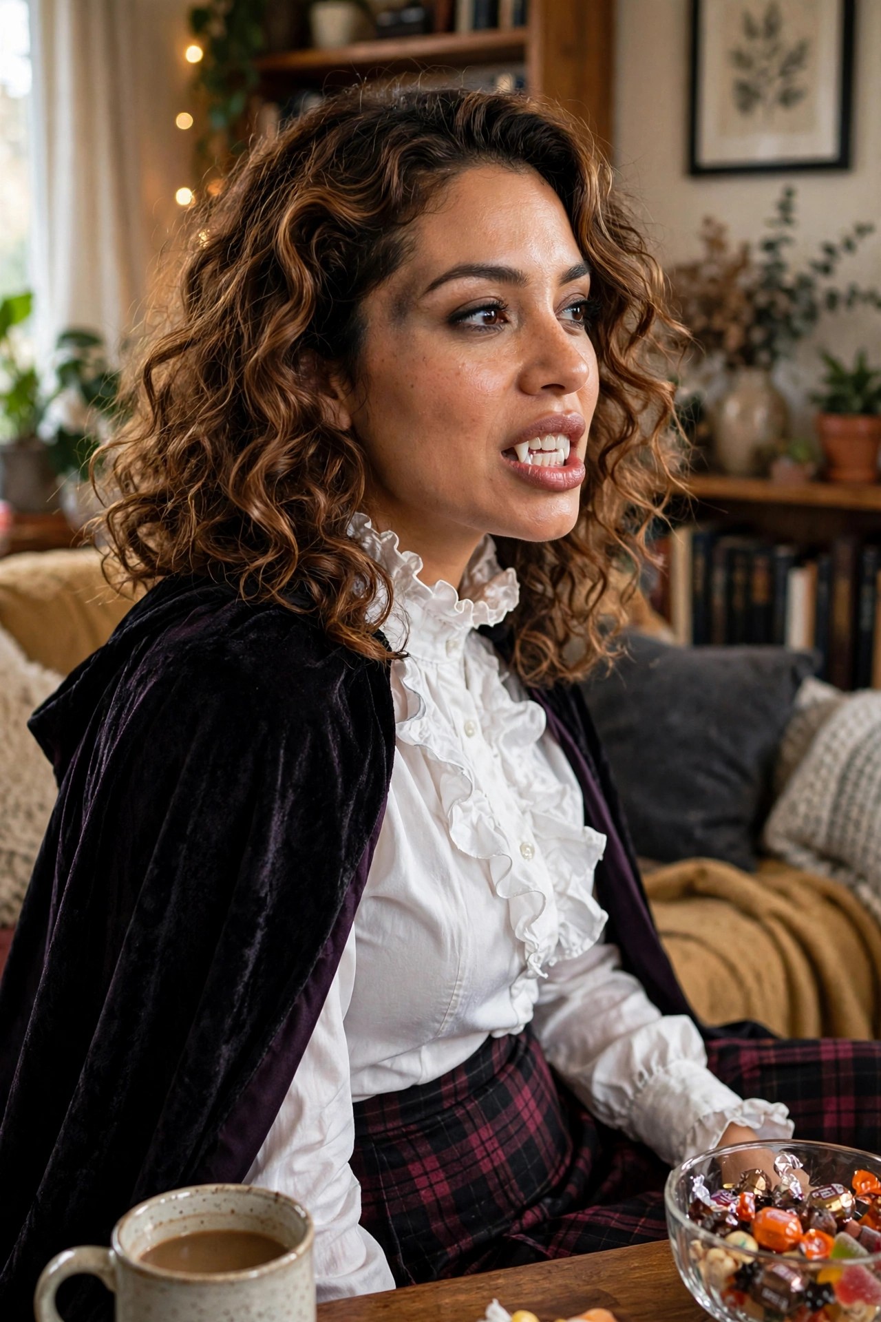 Woman in dark velvet cape over white ruffled blouse showing vampire fangs