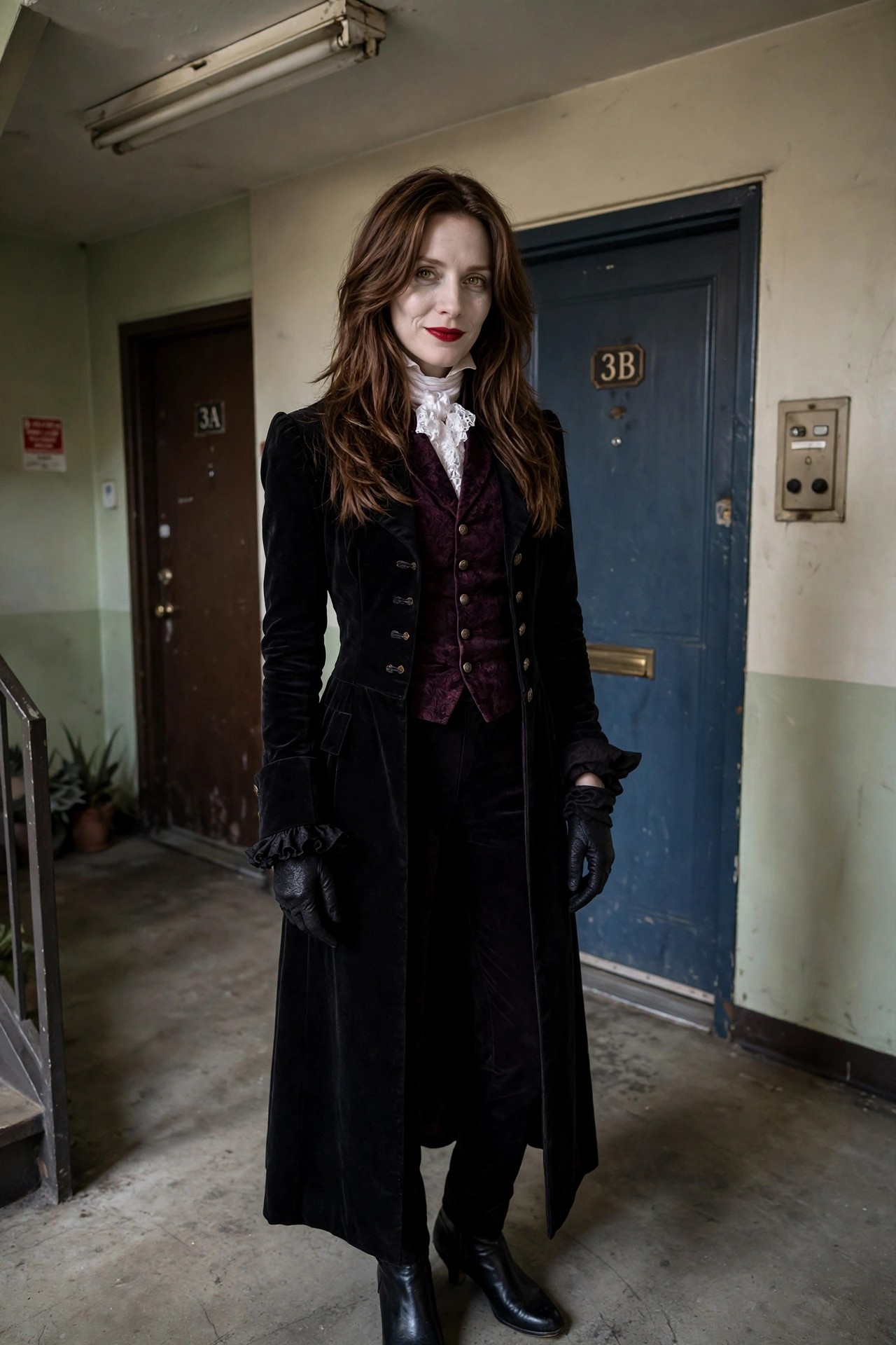 Woman wearing a long black velvet coat over a burgundy vest and white ruffled shirt with black pants, gloves, and boots in a vampire costume.