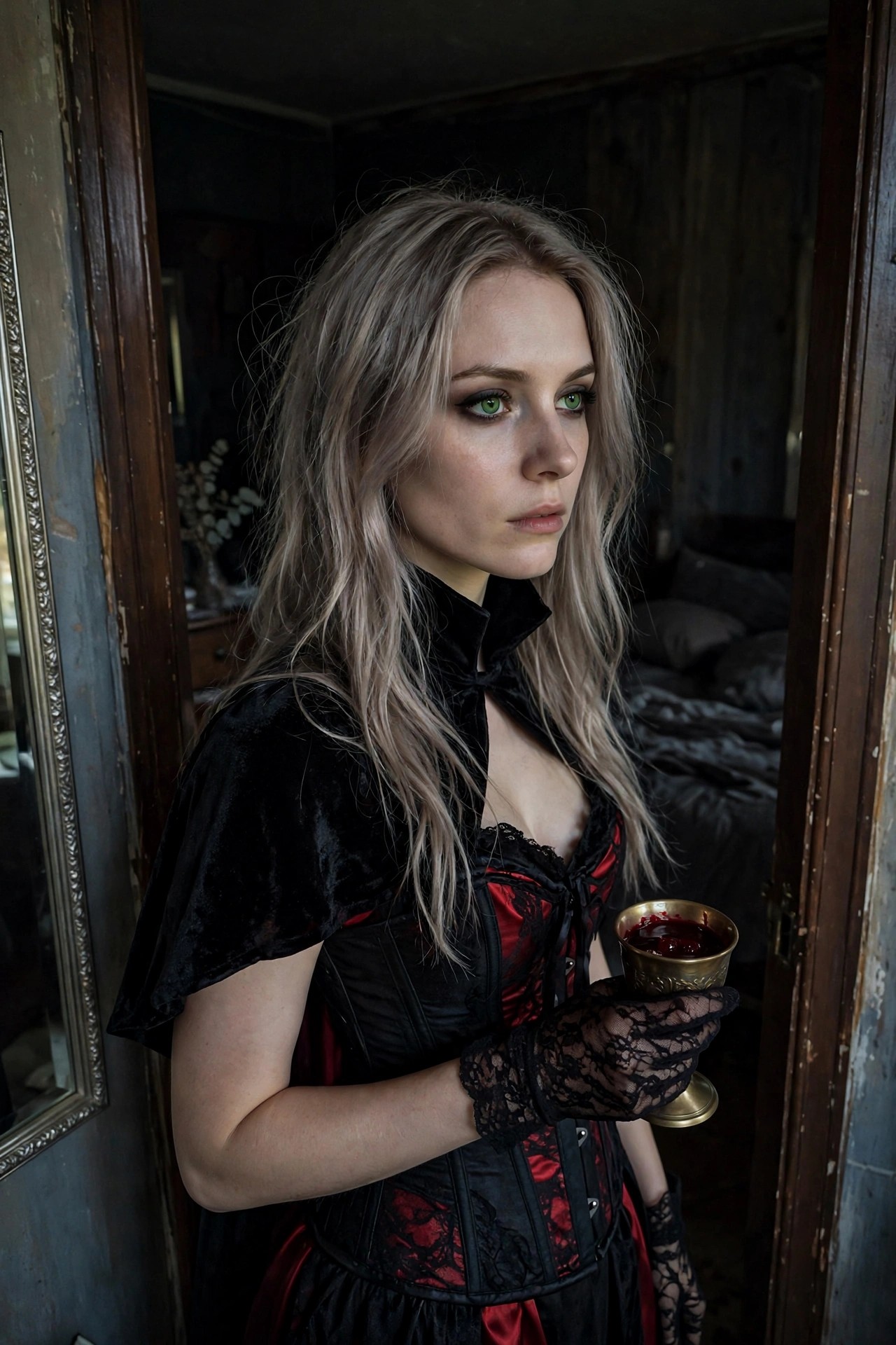 Woman wearing a Victorian style vampire costume with black velvet capelet, red and black corset, lace gloves, and holding a brass goblet of red liquid.