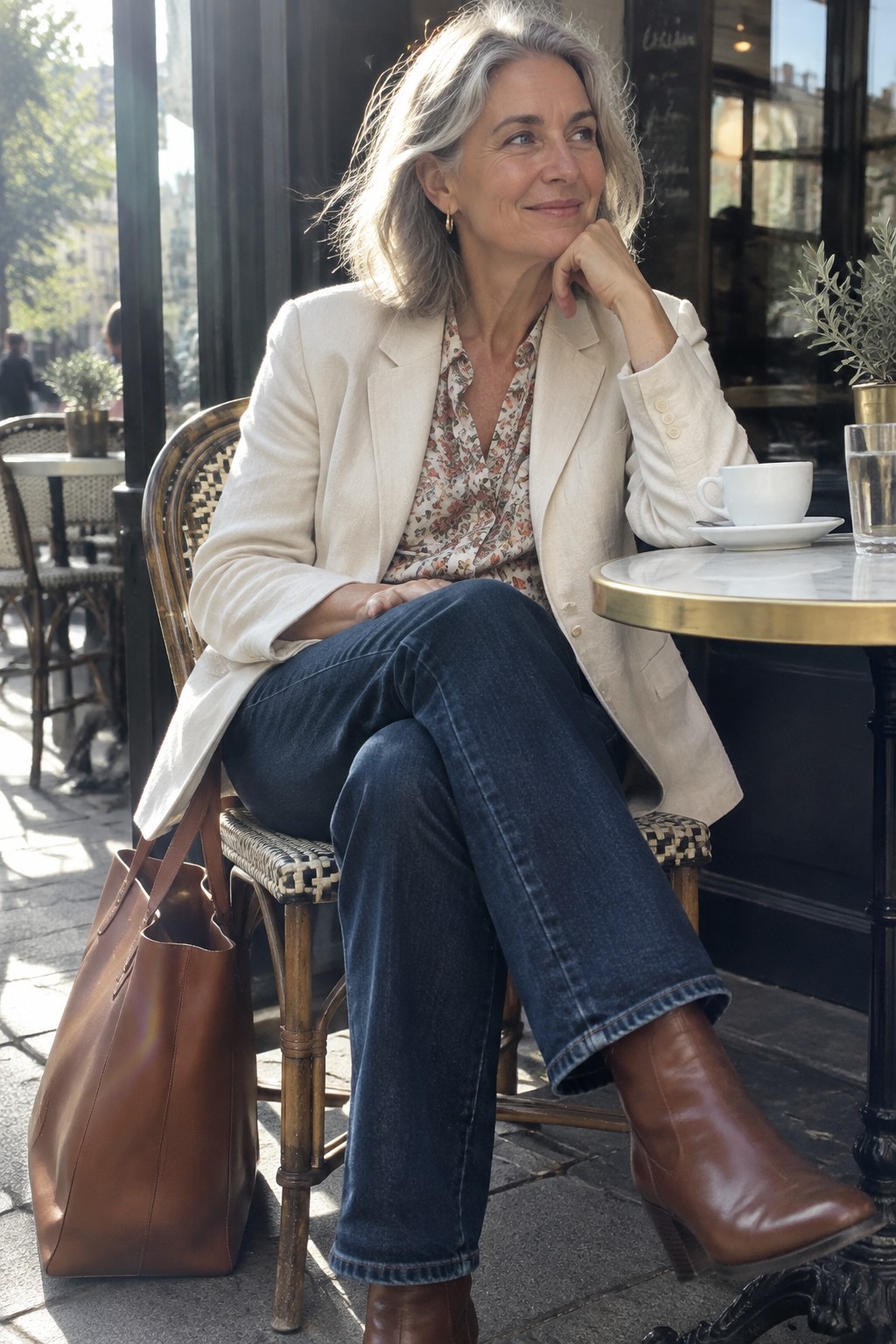 Gray-haired woman in cream blazer and jeans at sunny outdoor cafe table
