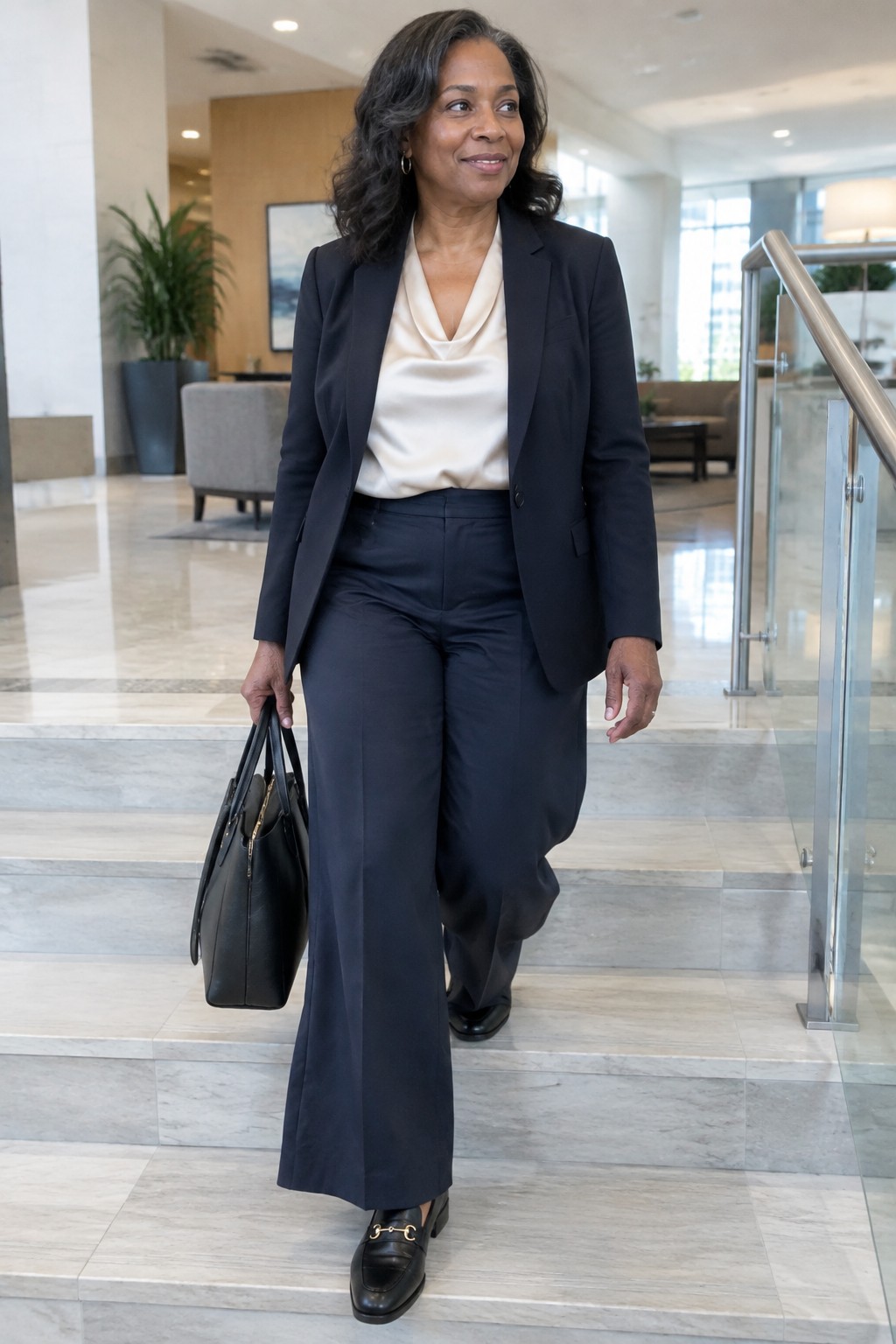 Businesswoman in black suit and cream blouse descends marble stairs holding black handbag