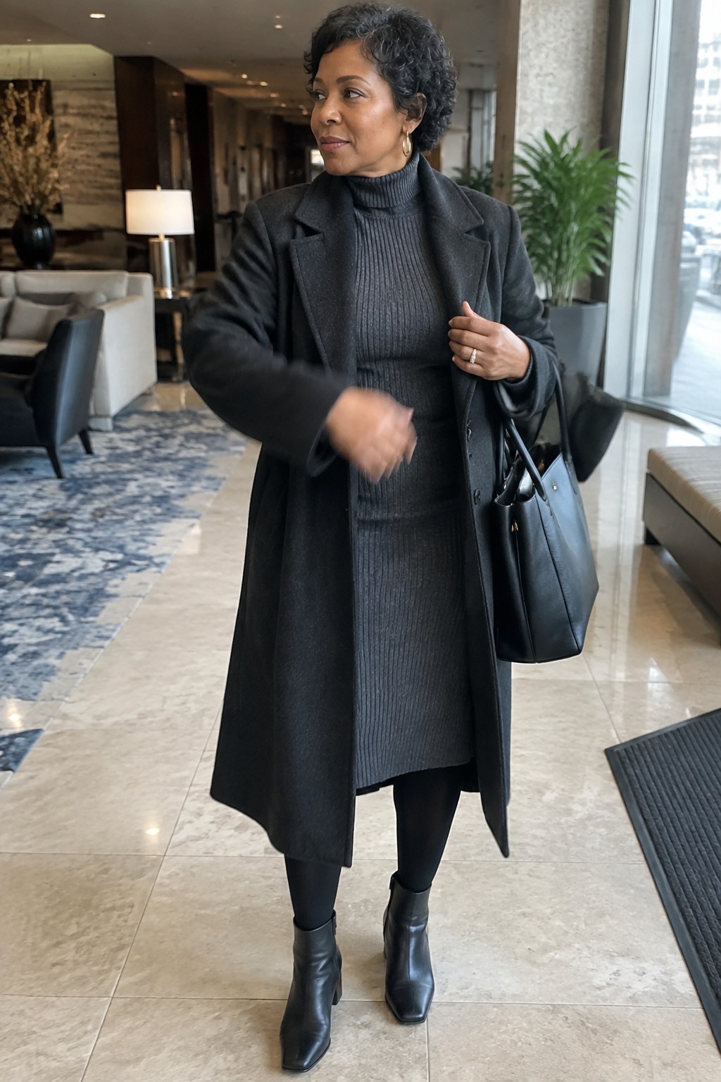 Woman in gray turtleneck dress and long coat holding black handbag in marble lobby