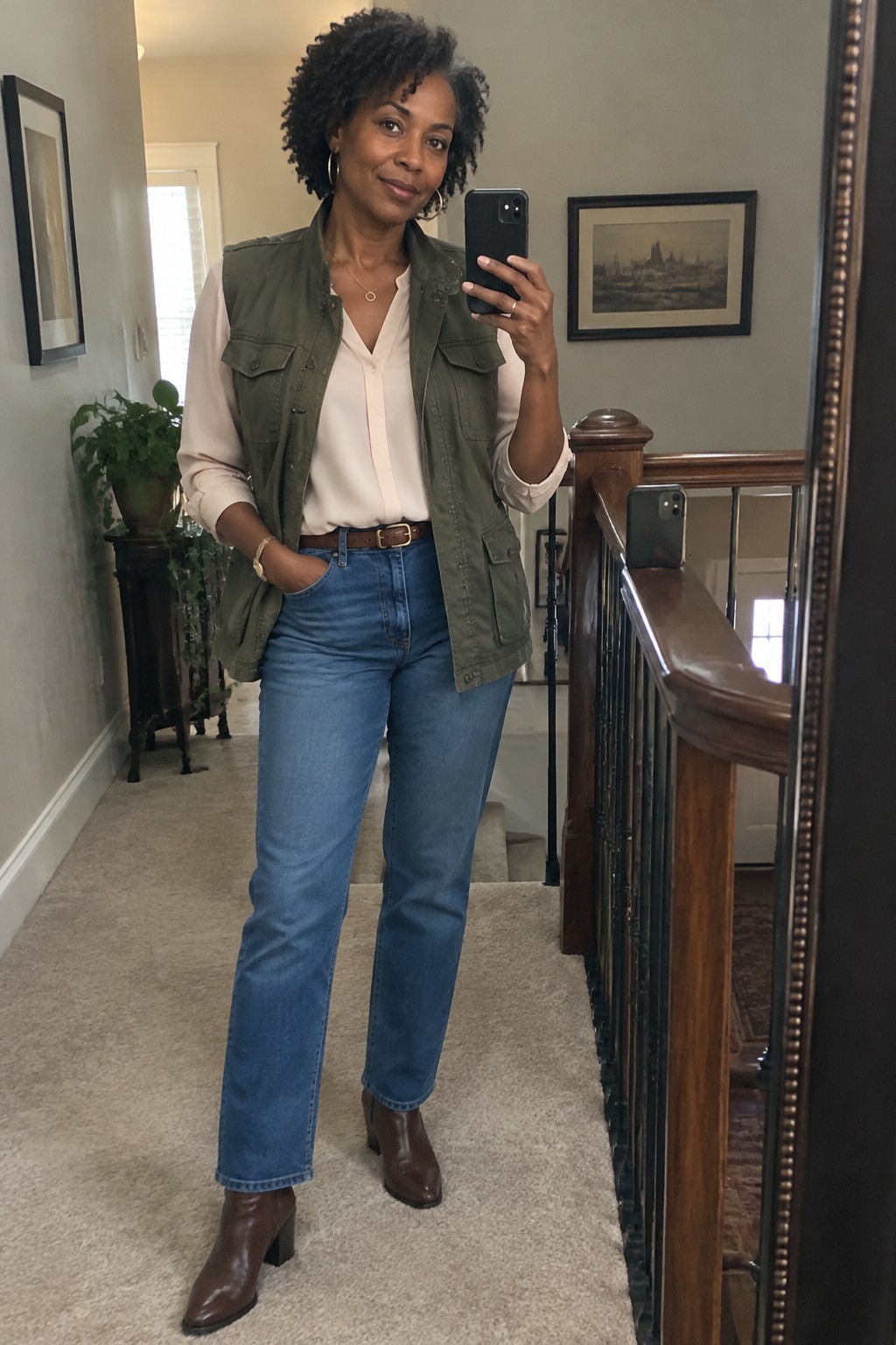 Woman in green utility vest and jeans taking mirror selfie indoors