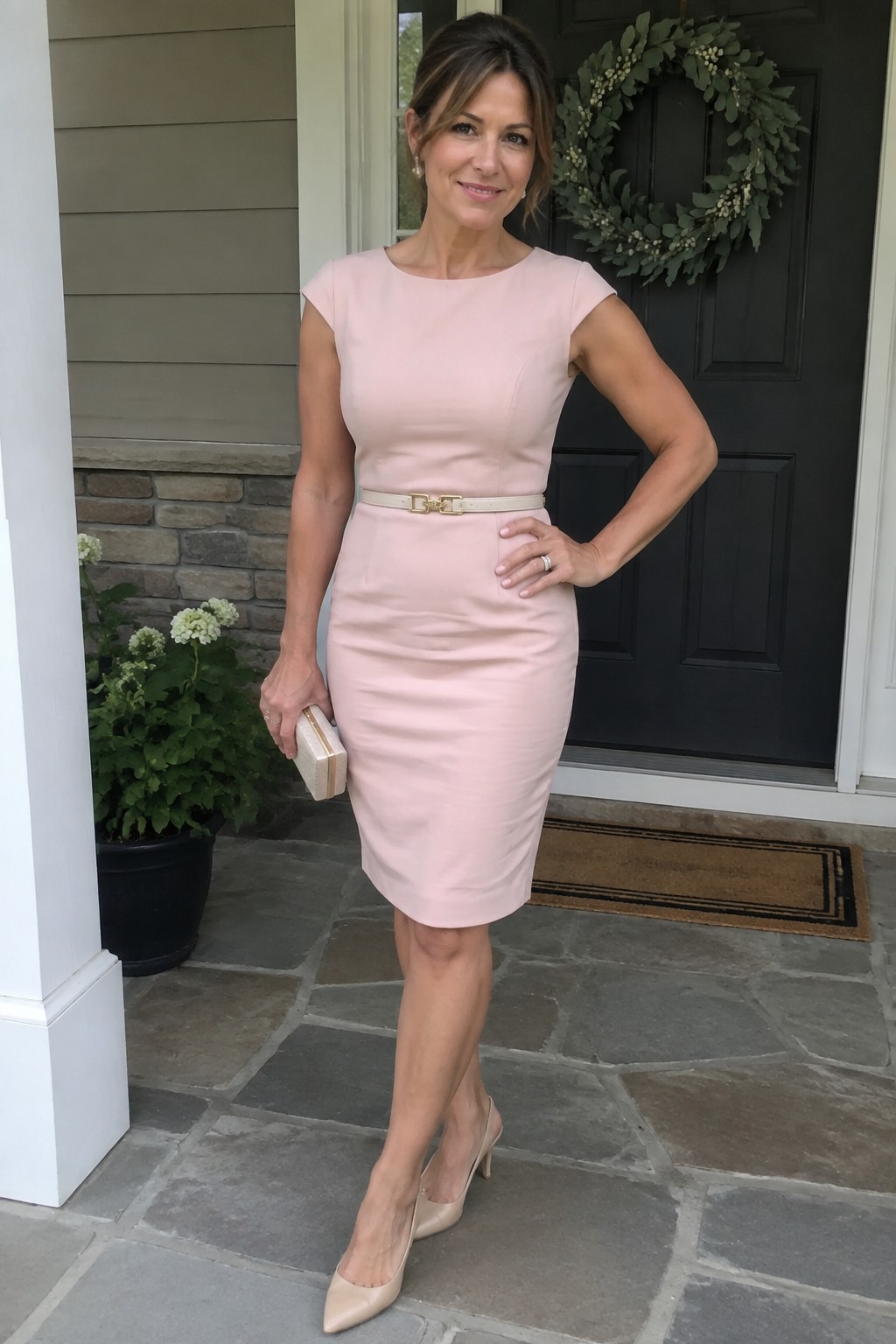 Woman in pale pink sheath dress with white belt holding clutch on stone porch.