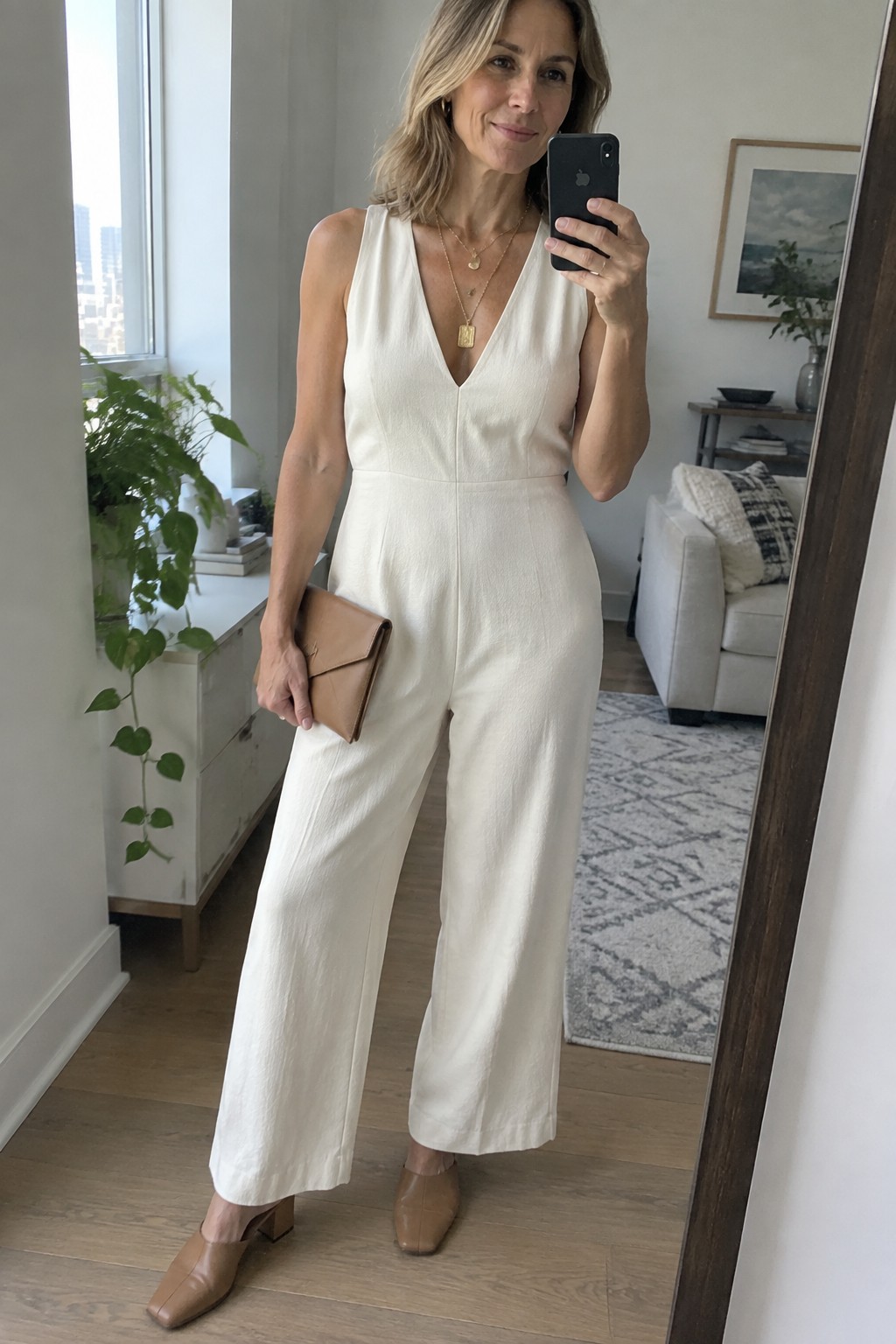 Woman in white jumpsuit taking mirror selfie with phone and brown clutch