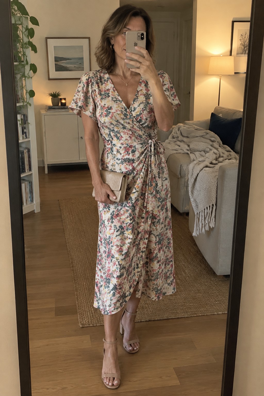 Woman in floral wrap dress taking mirror selfie with gold clutch in living room