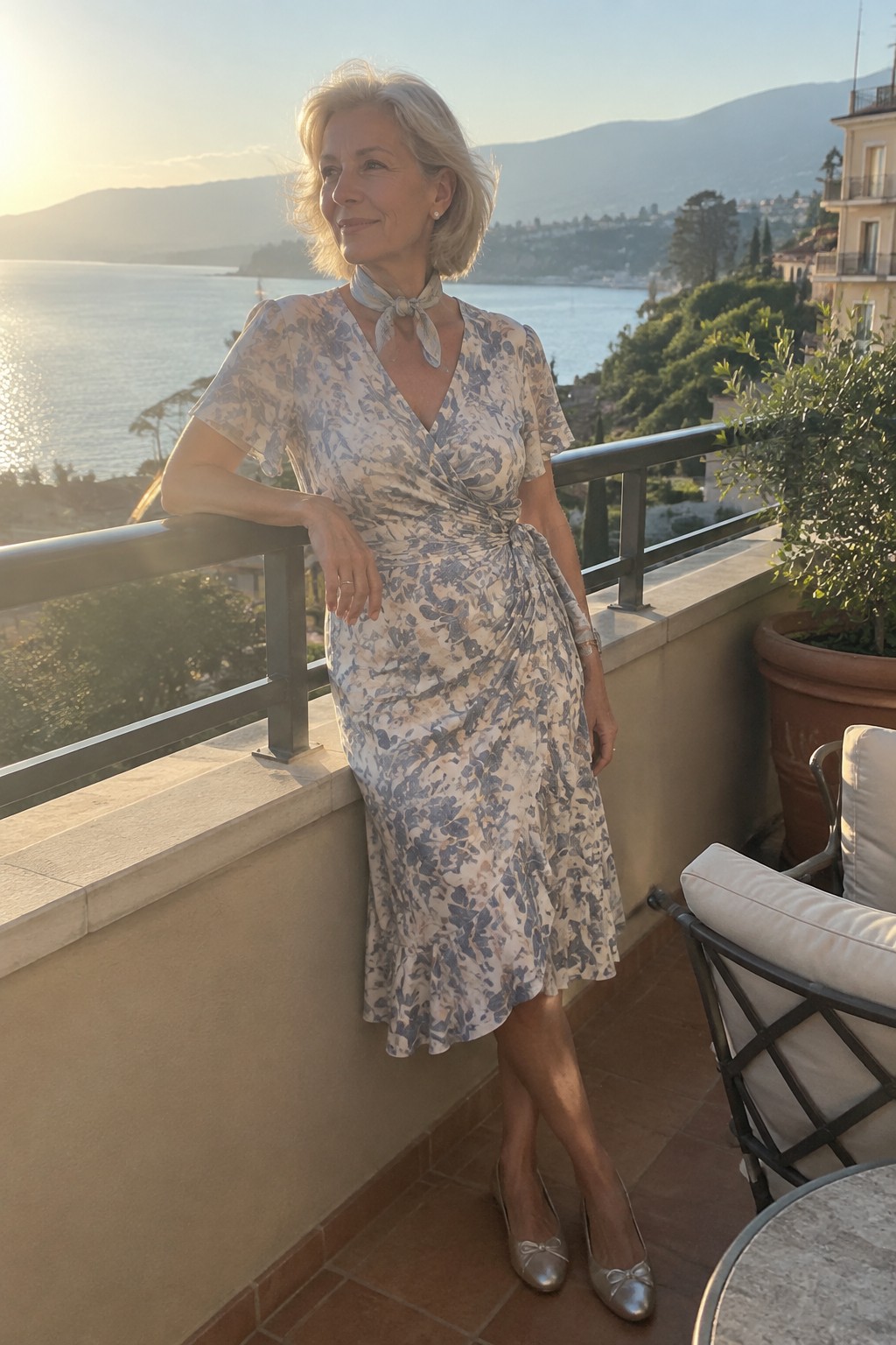 Woman in floral wrap dress on balcony overlooking sea and mountains at sunset