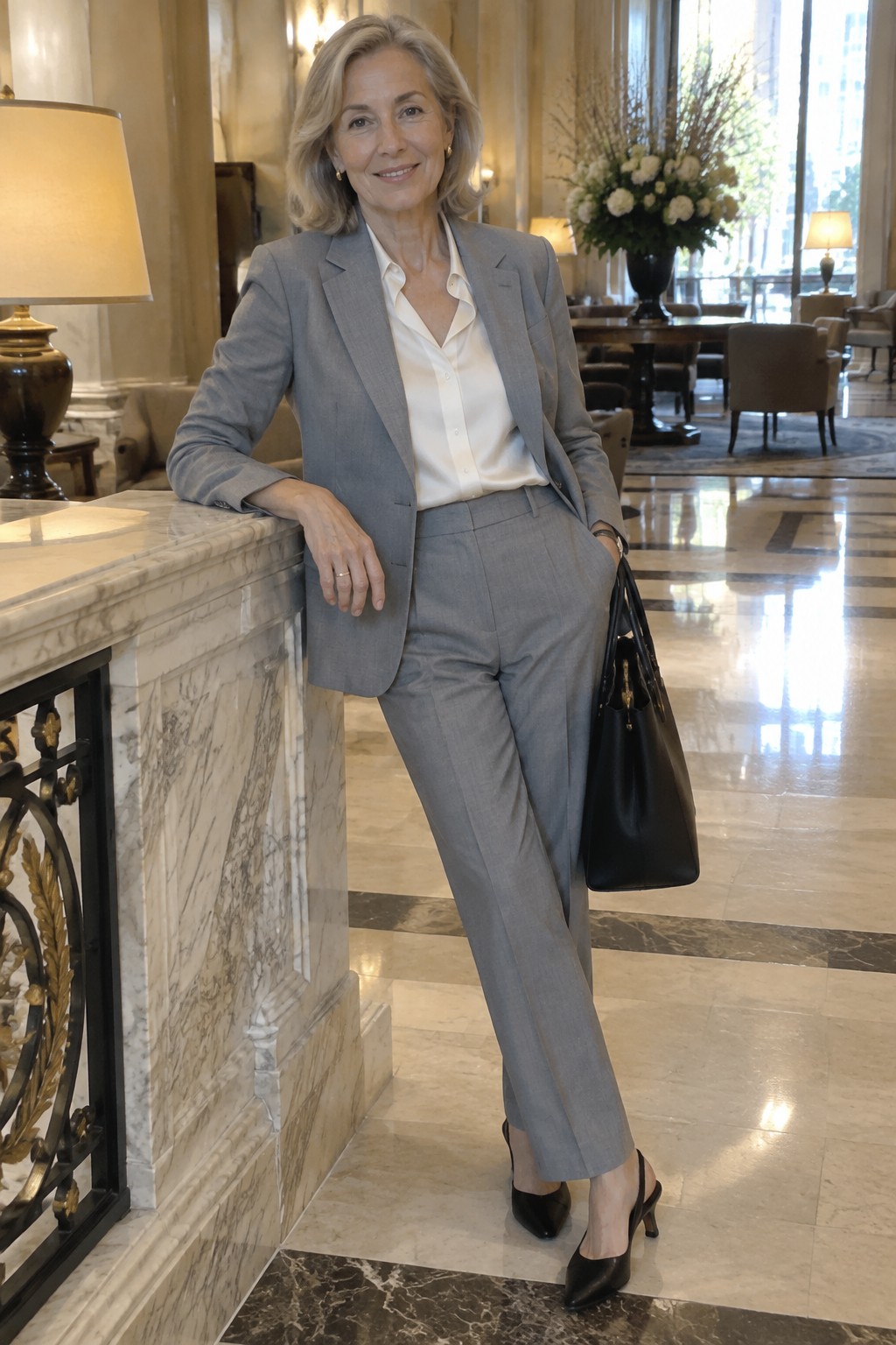 Elegant woman in gray pantsuit and white blouse holding black handbag in marble lobby.