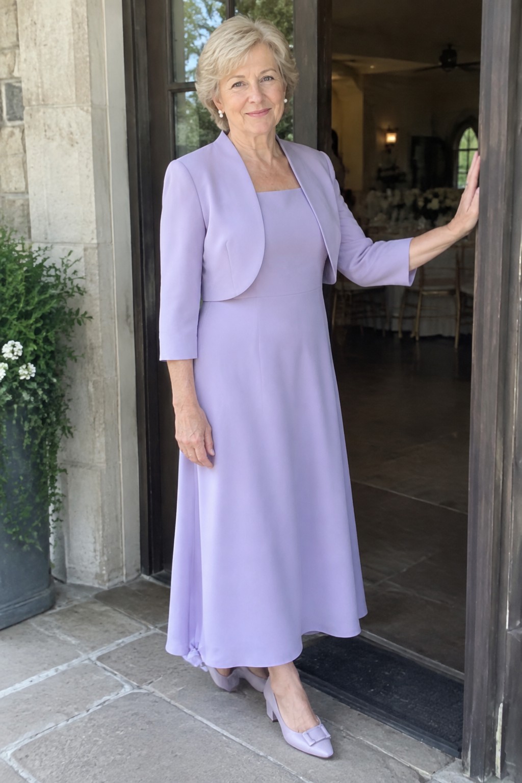 Older woman in lavender dress and jacket standing in doorway with hand on frame