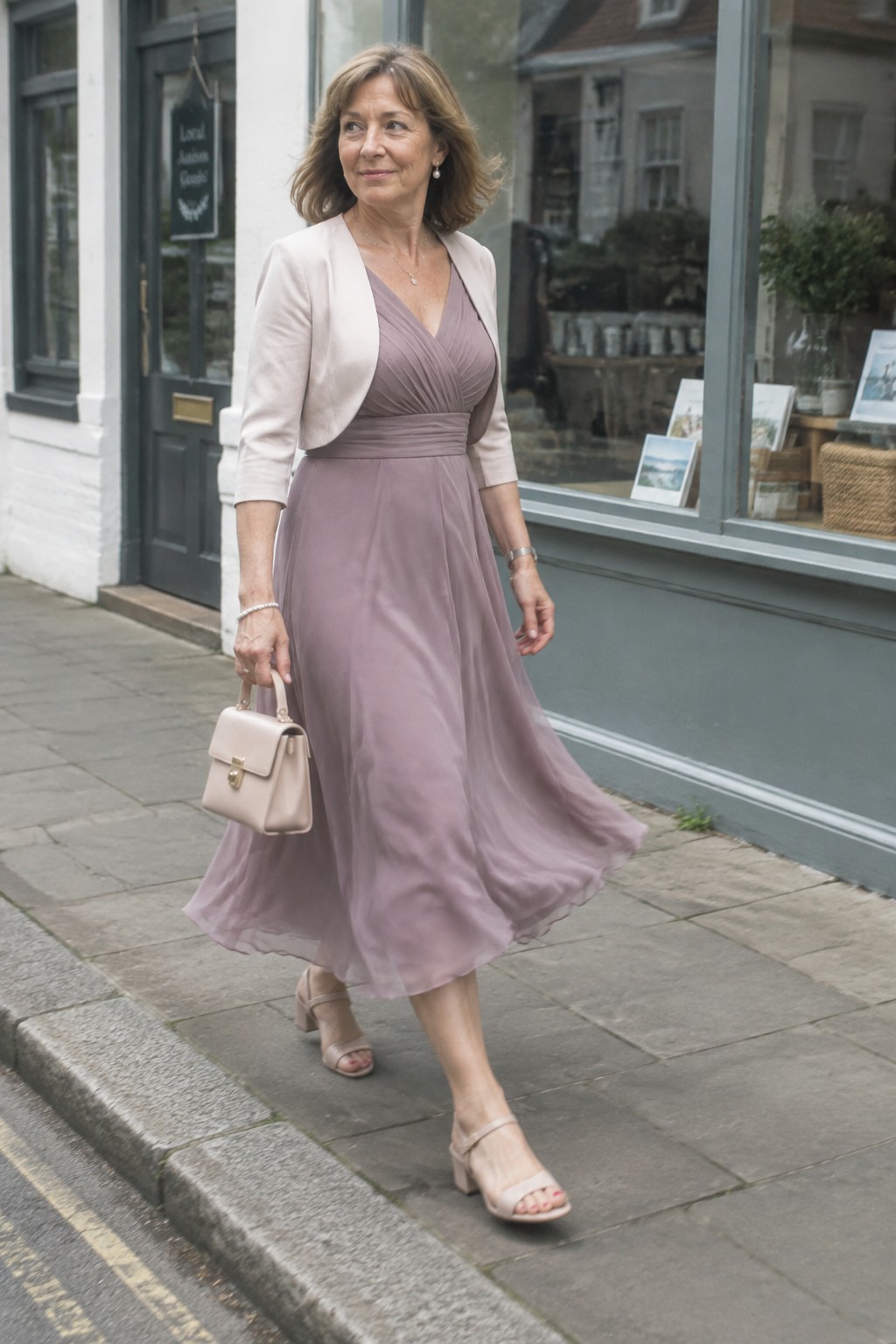 Woman in beige blazer and flowing mauve dress walks on sidewalk holding handbag