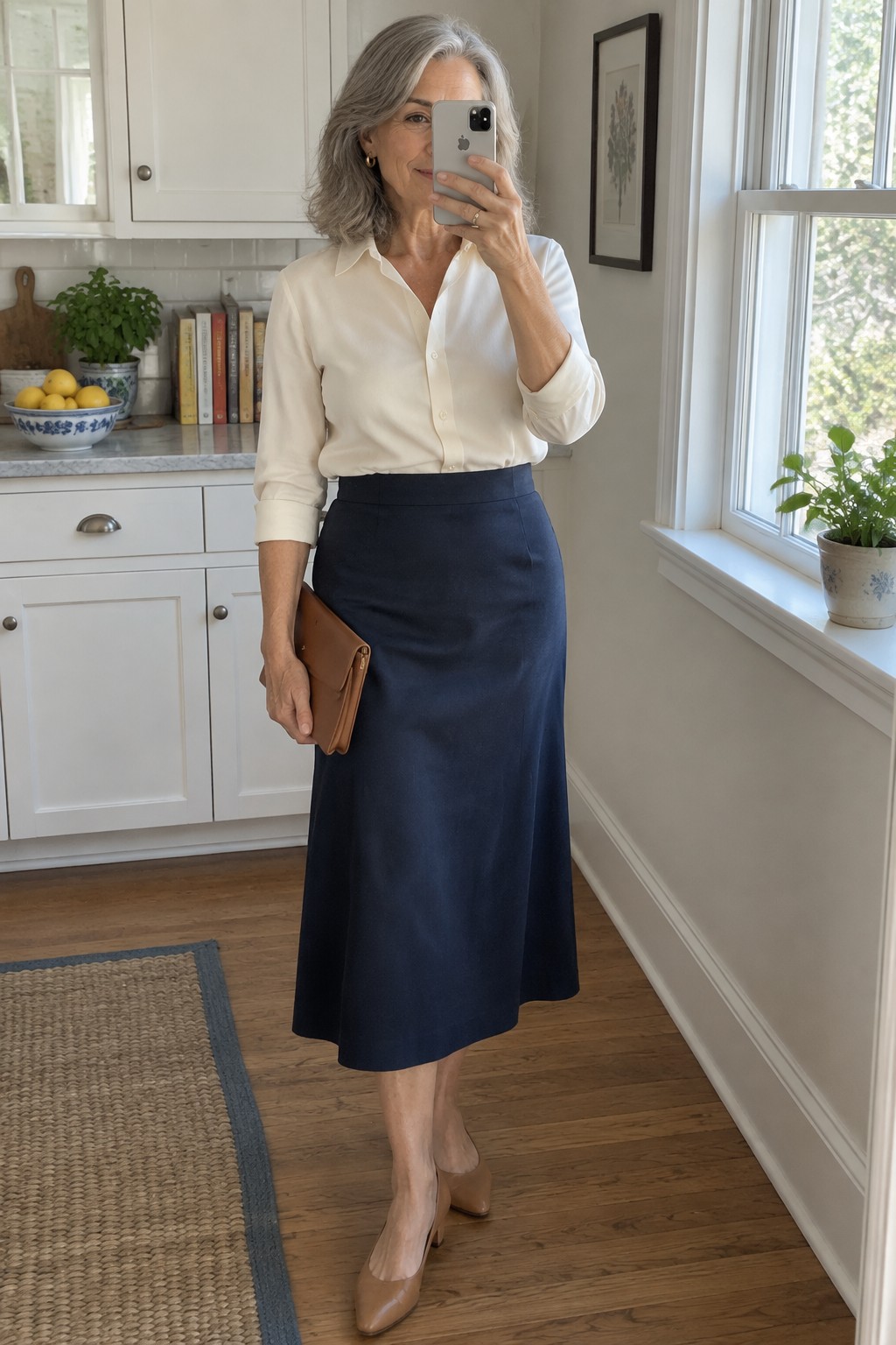 Gray-haired woman in white blouse and navy skirt taking mirror selfie in kitchen