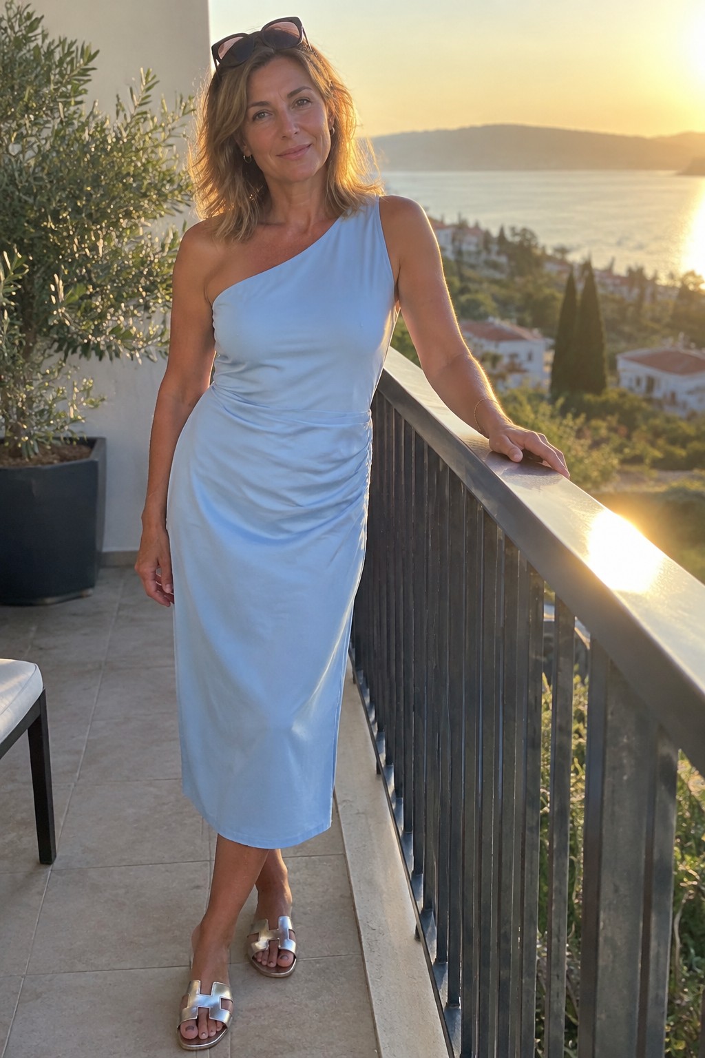 Woman in light blue one-shoulder dress leaning on balcony railing at ocean sunset