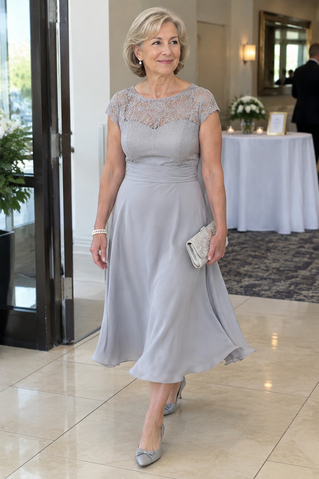 Elegant older woman in light gray lace dress holding clutch at formal event