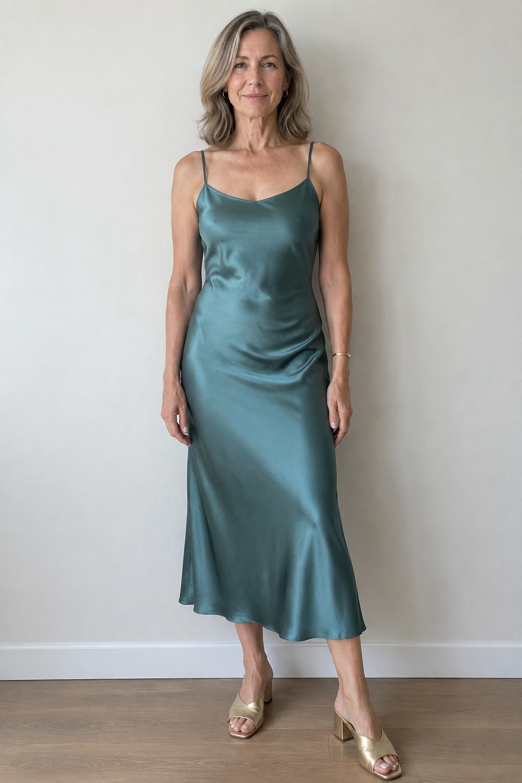Woman in teal satin slip dress and gold block-heel sandals on wood floor
